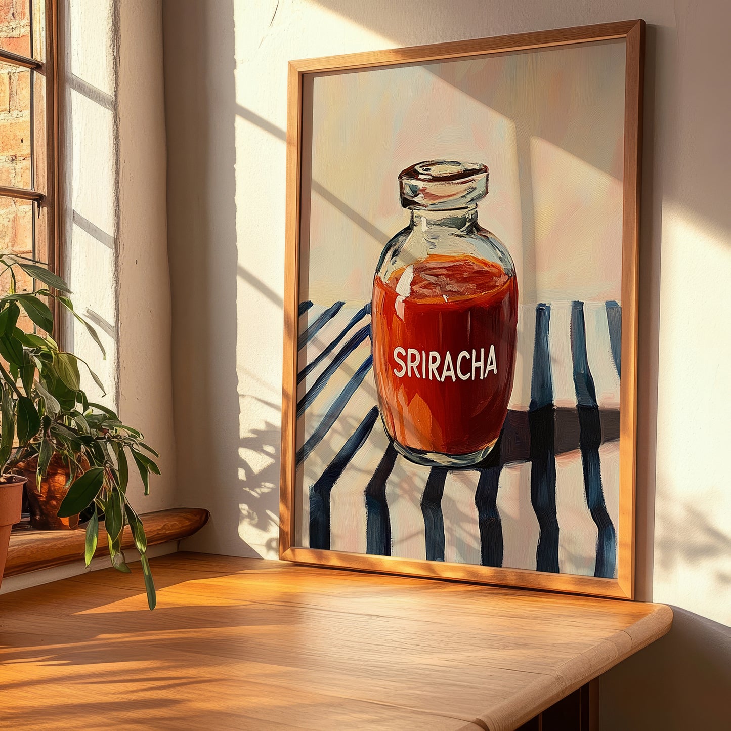 Sriracha – on Striped Tablecloth, Bbq Illustration, clean layout with no caption
