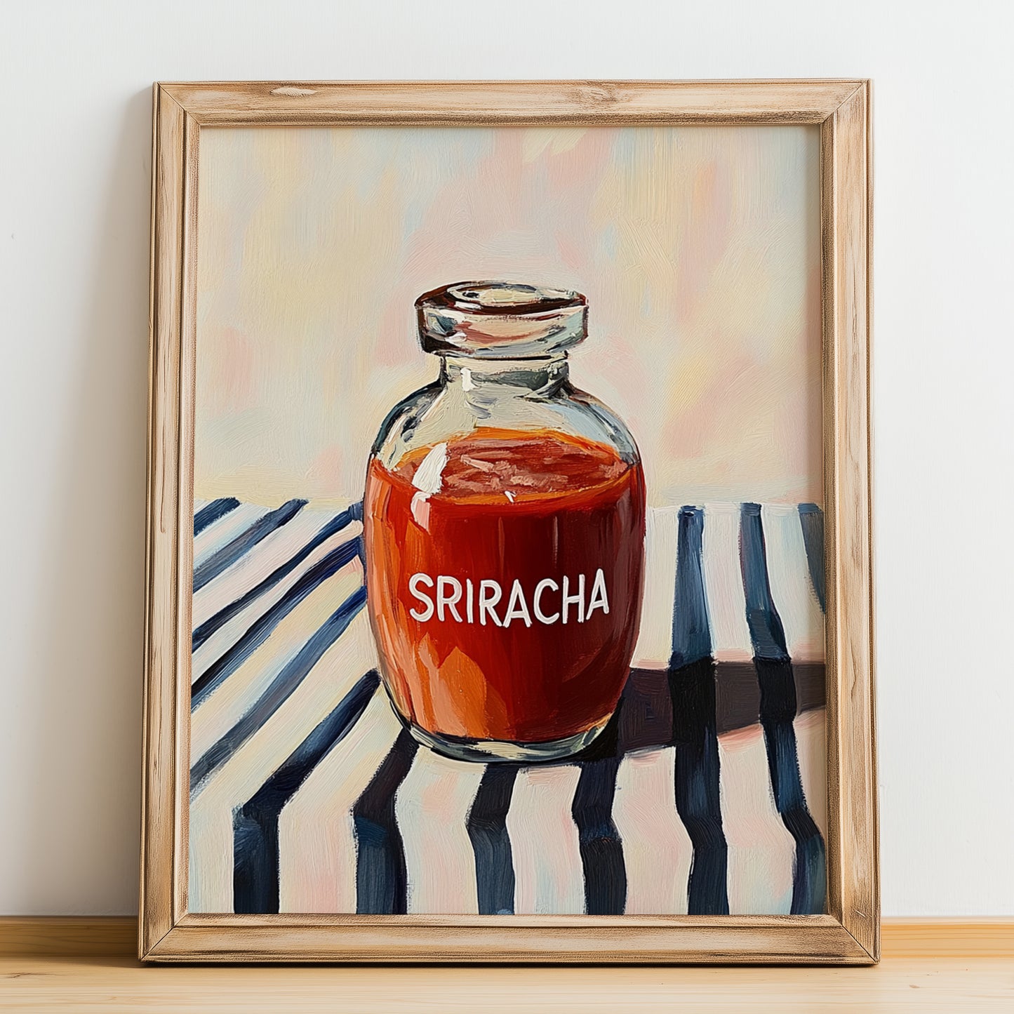 Sriracha – on Striped Tablecloth, Bbq Illustration, no-text version framed in wood
