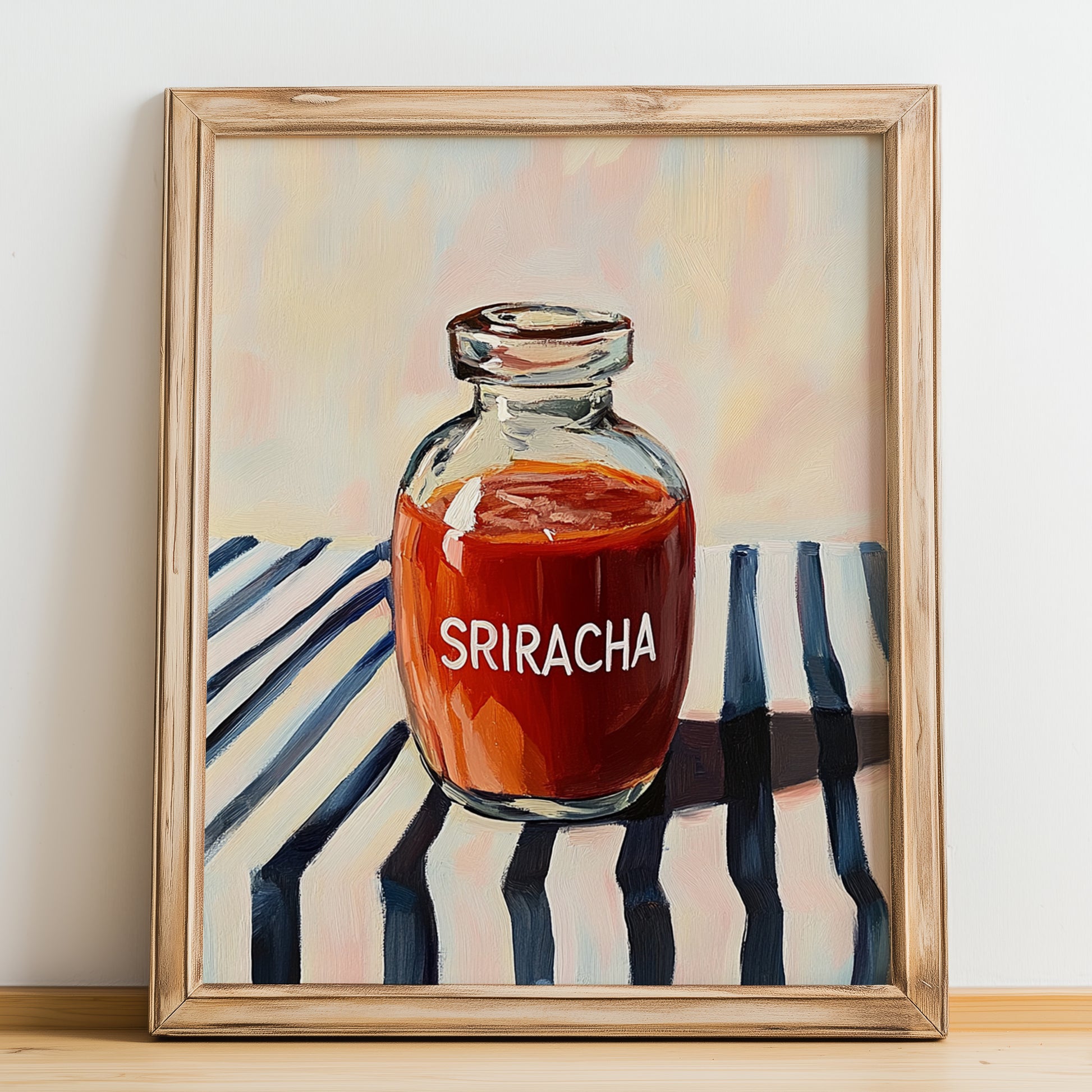 Sriracha – on Striped Tablecloth, Bbq Illustration, no-text version framed in wood