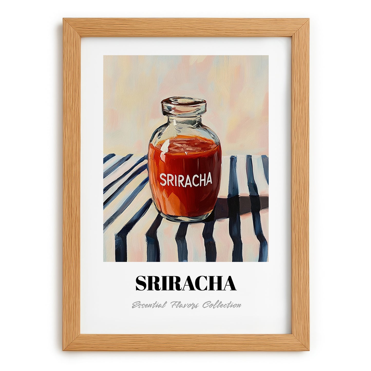 Sriracha – on Striped Tablecloth, Bbq Illustration, set in oak frame