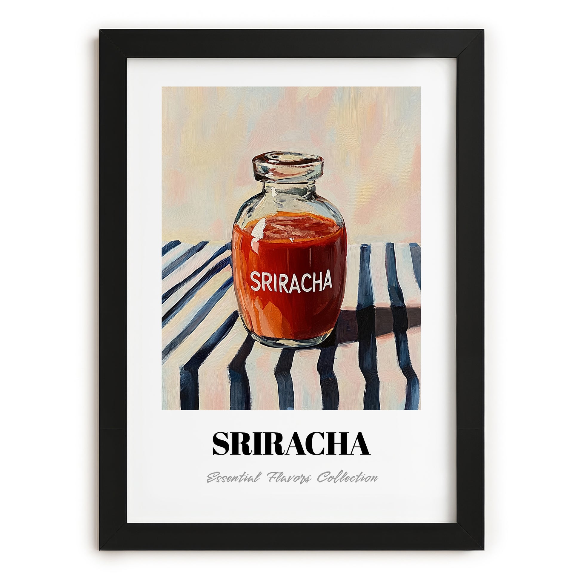 Sriracha – on Striped Tablecloth, Bbq Illustration, in sleek black frame