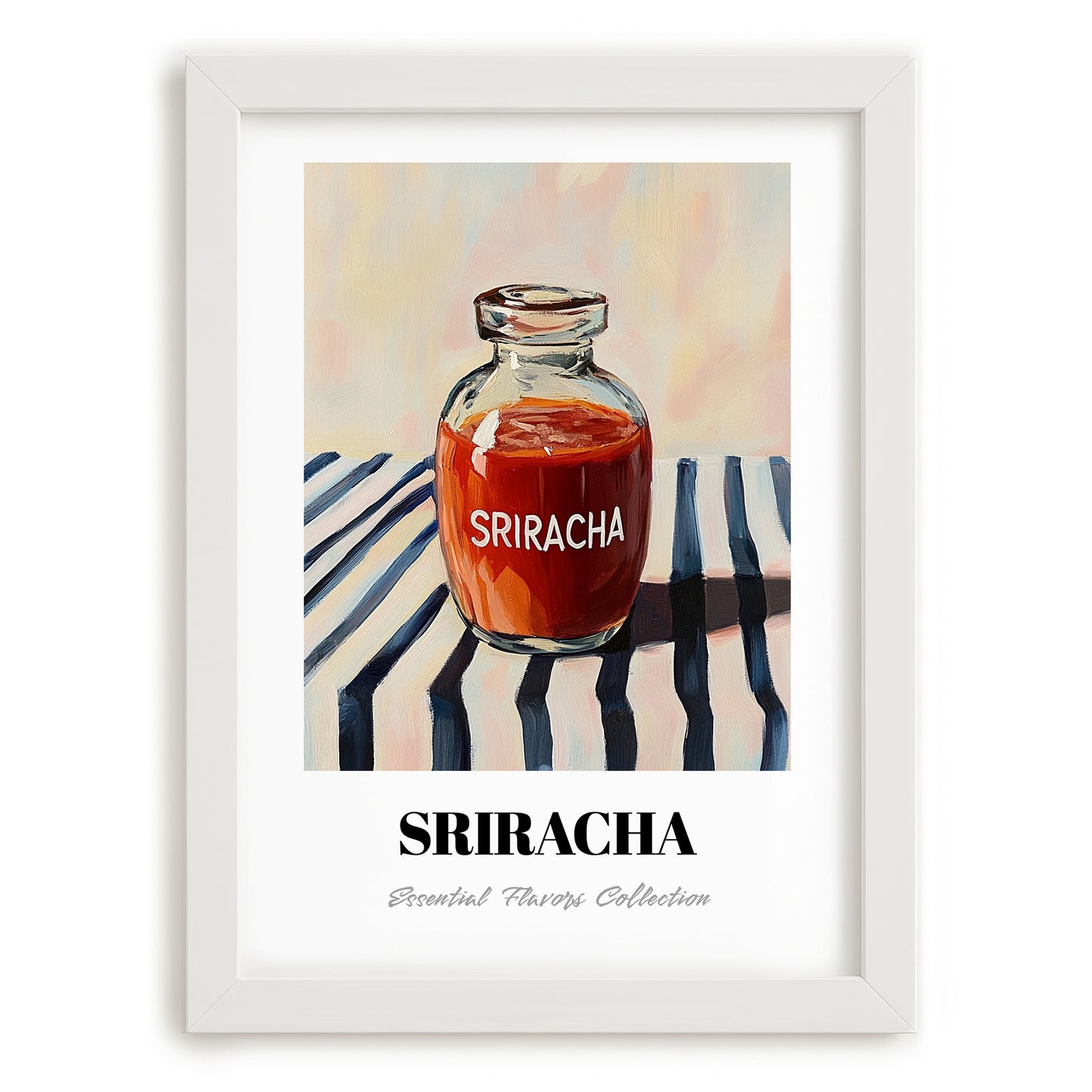 Sriracha – on Striped Tablecloth, Bbq Illustration, placed in minimal white frame