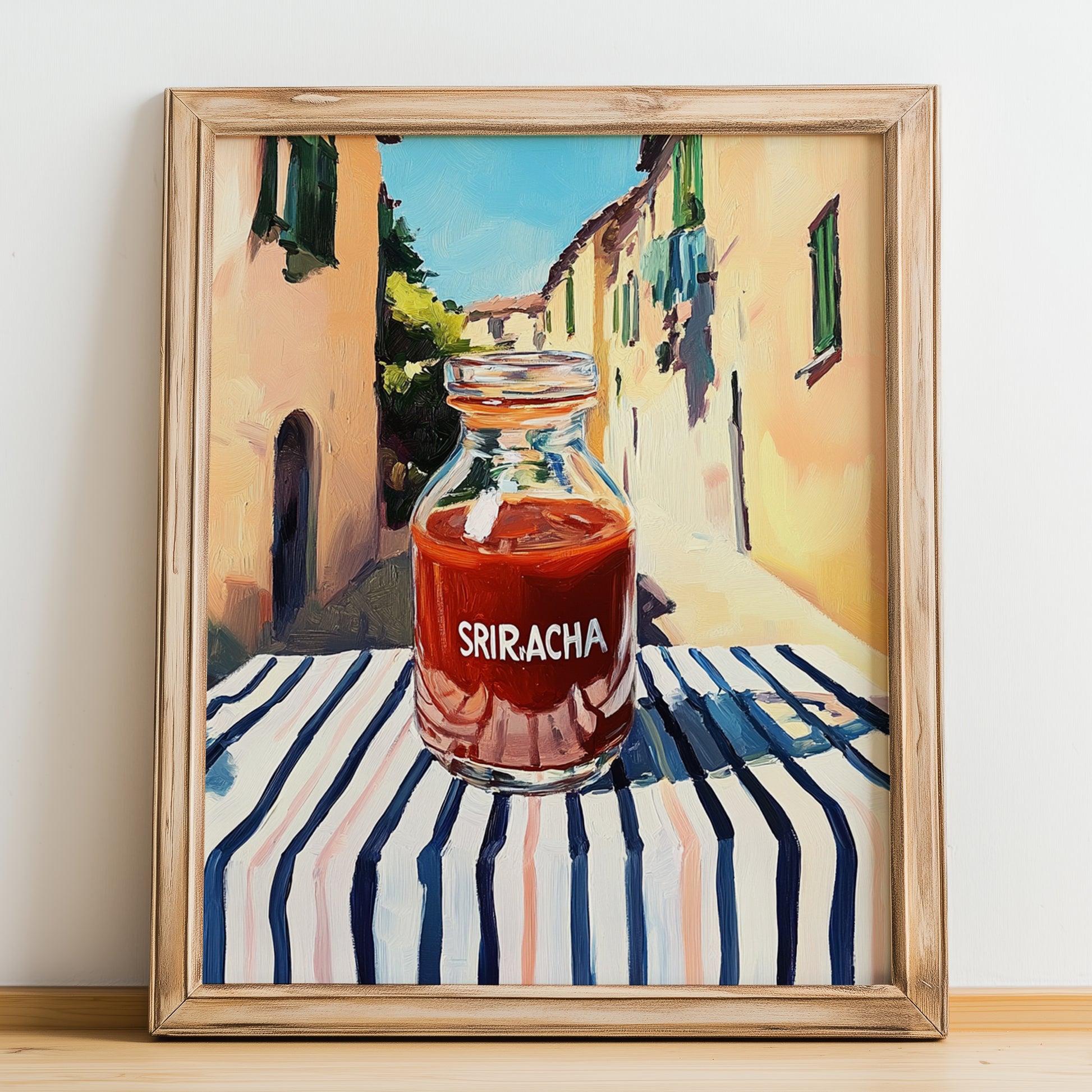 Sriracha – Italian Café on the Corner, Bbq Wall Decor, no-text version framed in wood
