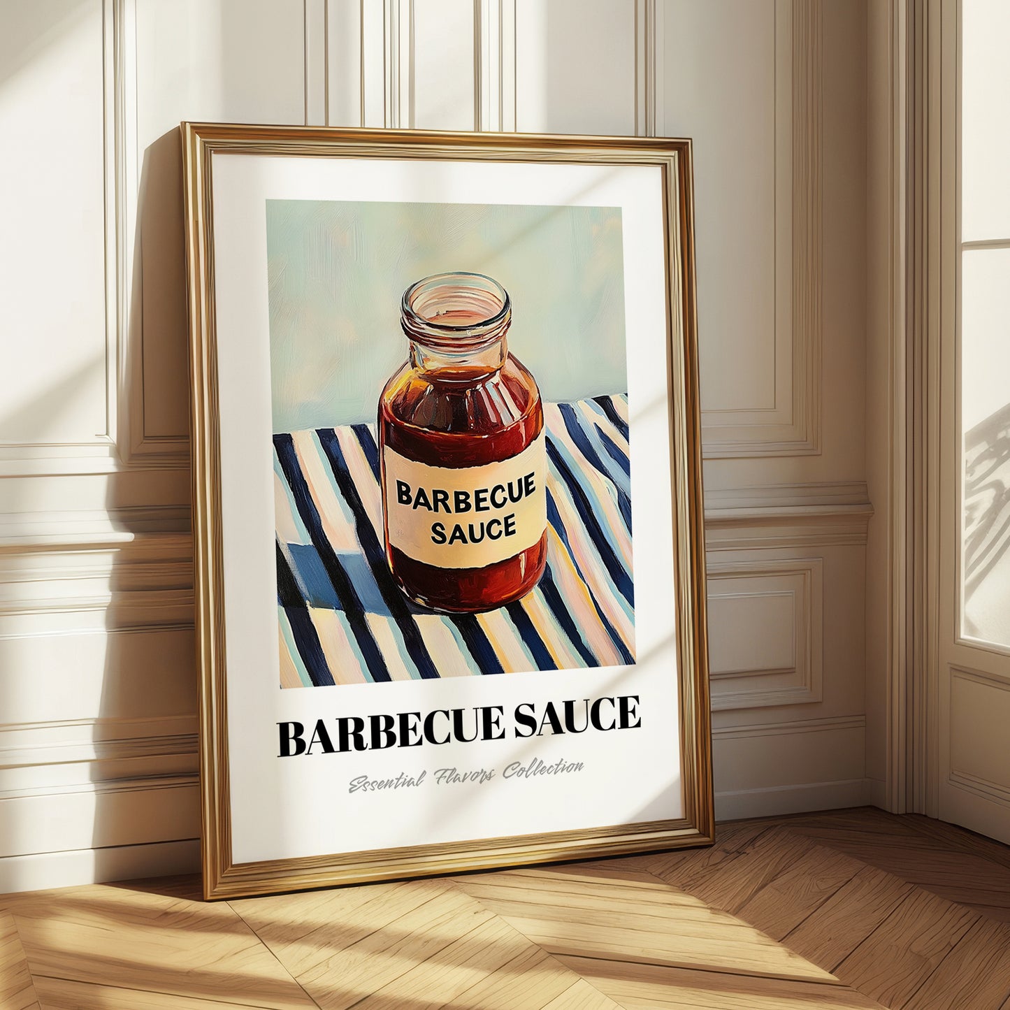 Barbecue Sauce – on Striped Tablecloth, Bbq Still Life