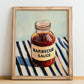 Barbecue Sauce – on Striped Tablecloth, Bbq Still Life, no-text version framed in wood