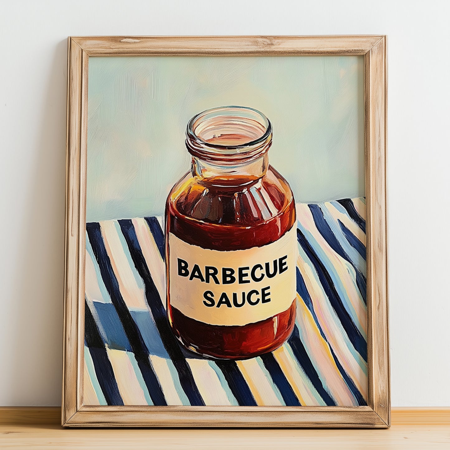 Barbecue Sauce – on Striped Tablecloth, Bbq Still Life, no-text version framed in wood
