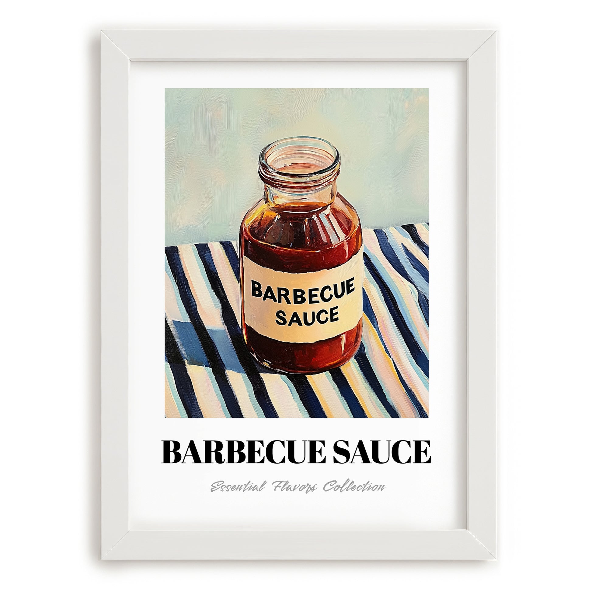 Barbecue Sauce – on Striped Tablecloth, Bbq Still Life, placed in minimal white frame