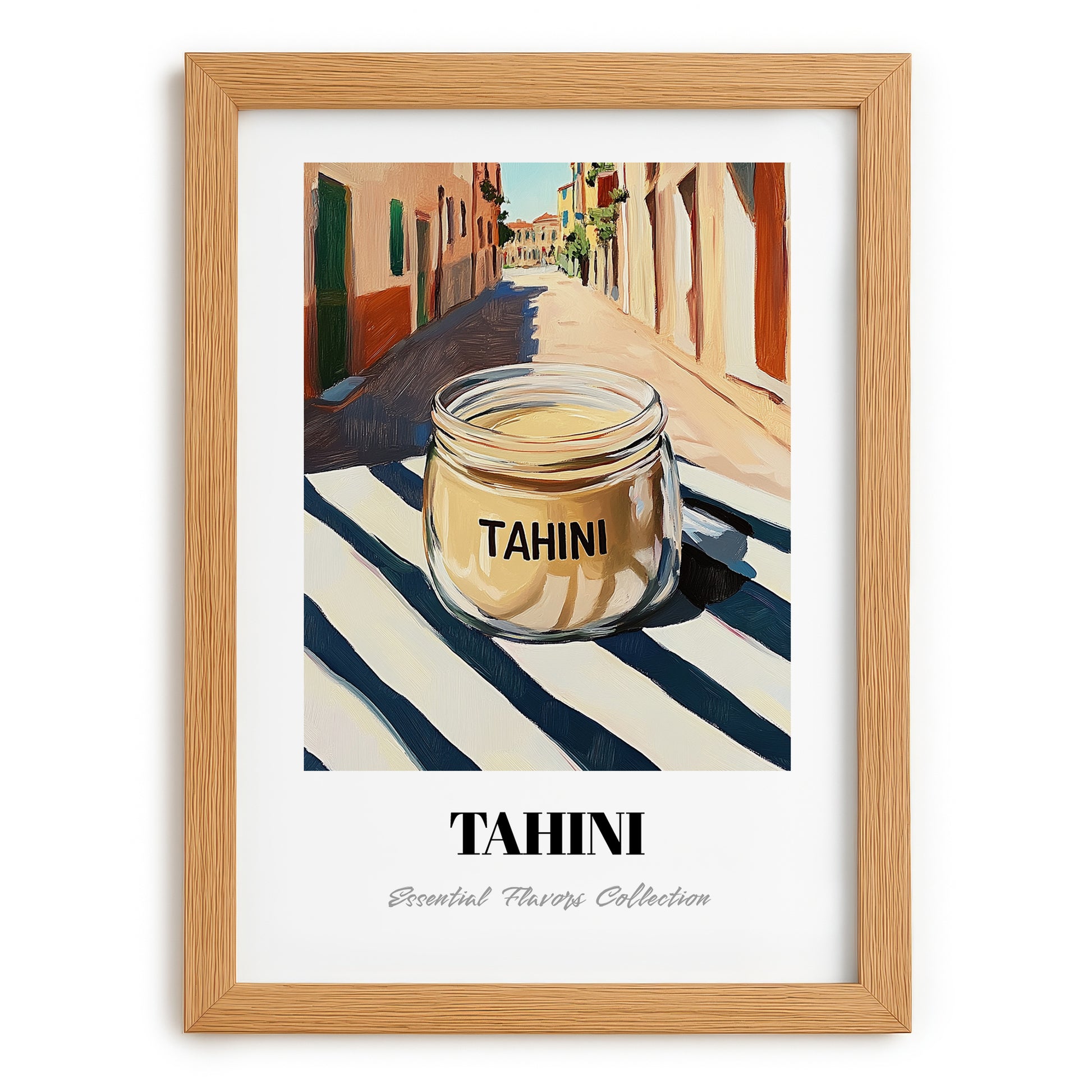 Tahini – Italian Street Café Scene, Kitchen Storage Wall Art, set in oak frame