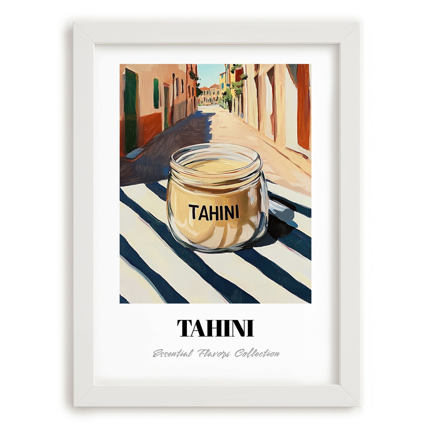 Tahini – Italian Street Café Scene, Kitchen Storage Wall Art, placed in minimal white frame