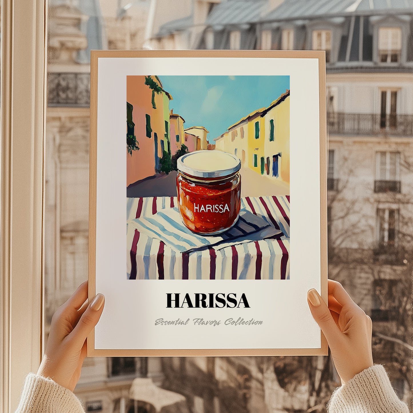 Harissa – Italian Urban Café Scene, Shelf Stock Wall Poster, styled in a charming Paris street view
