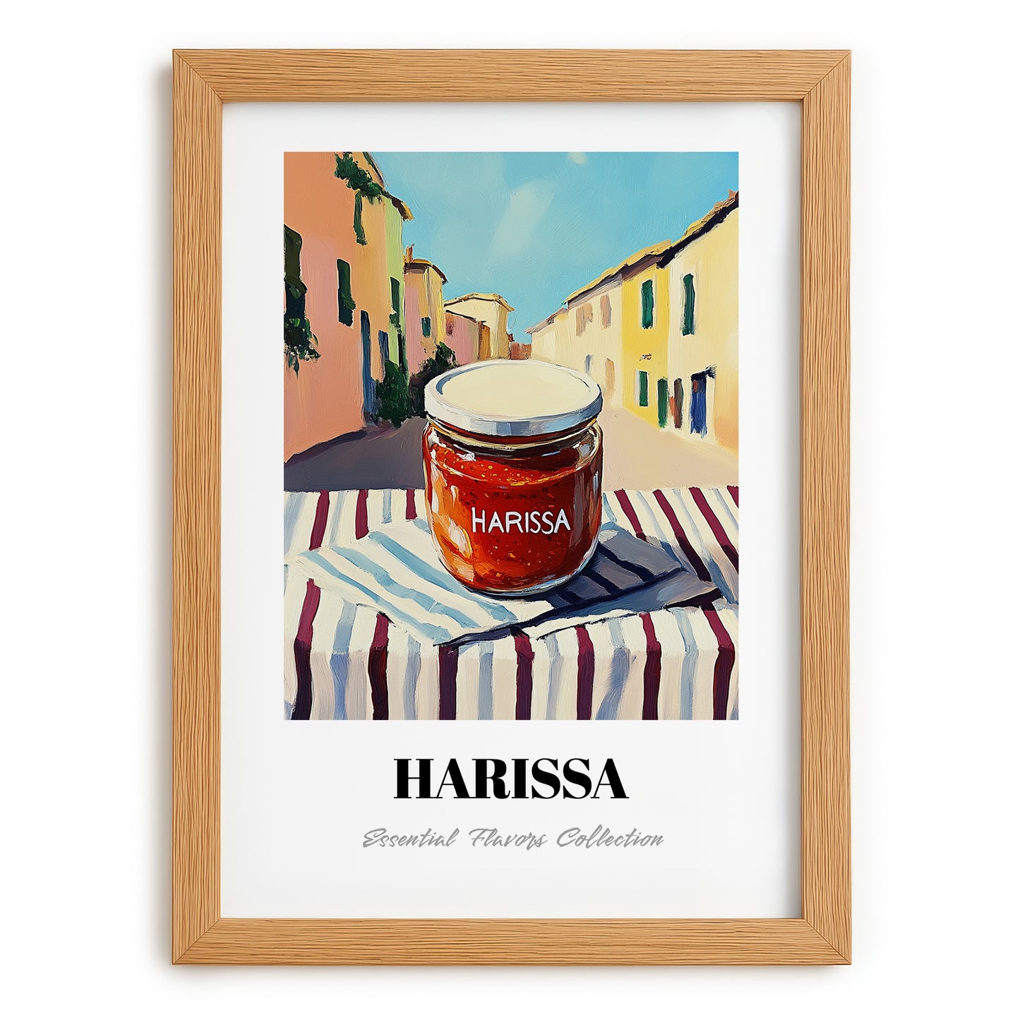 Harissa – Italian Urban Café Scene, Shelf Stock Wall Poster, set in oak frame