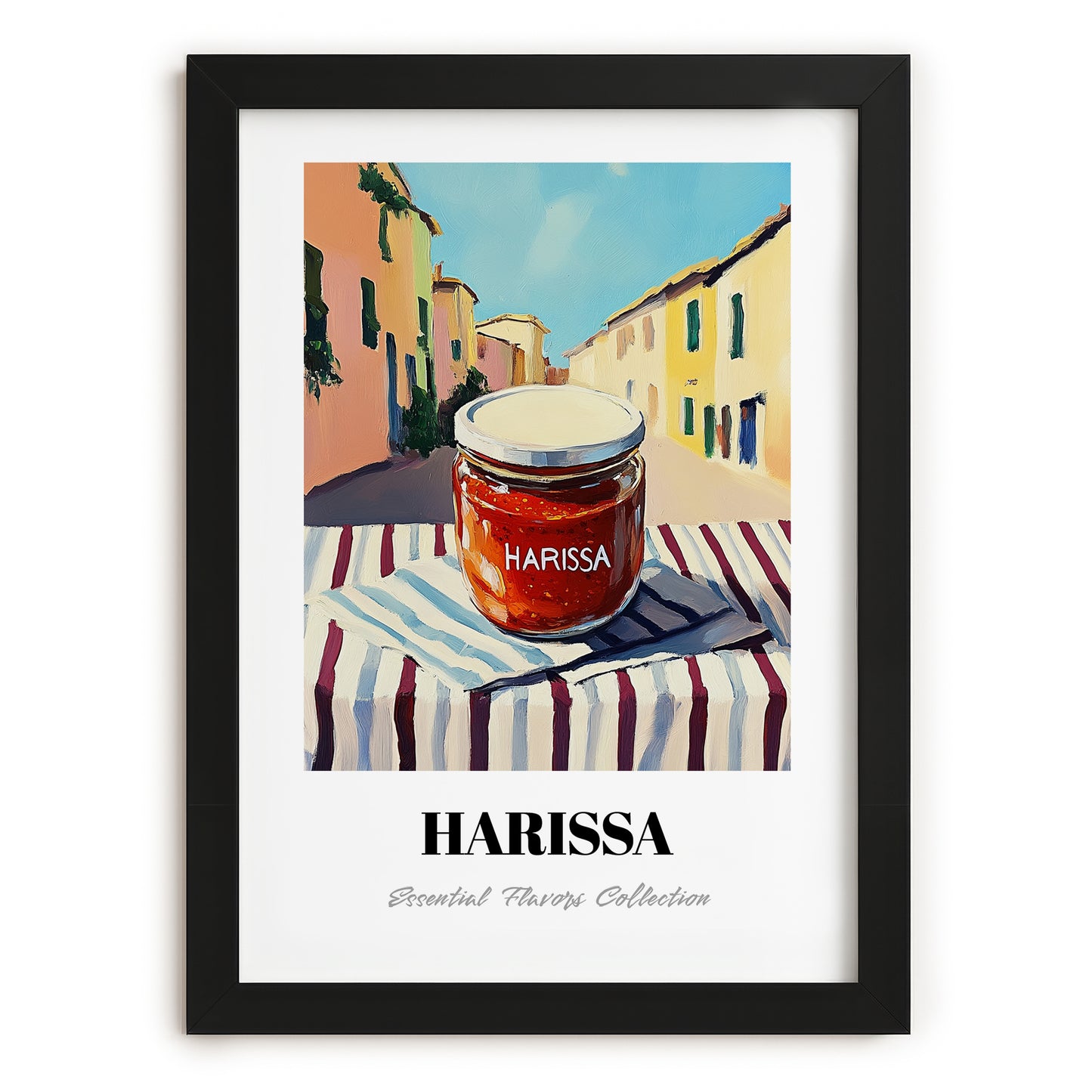 Harissa – Italian Urban Café Scene, Shelf Stock Wall Poster, in sleek black frame