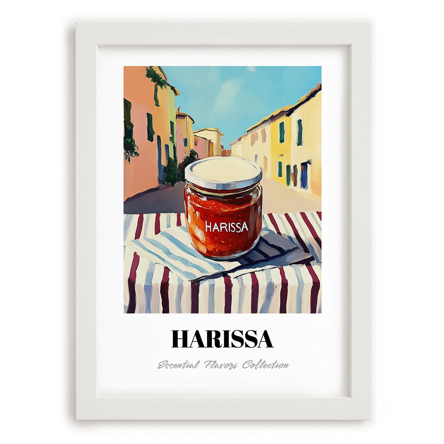 Harissa – Italian Urban Café Scene, Shelf Stock Wall Poster, placed in minimal white frame