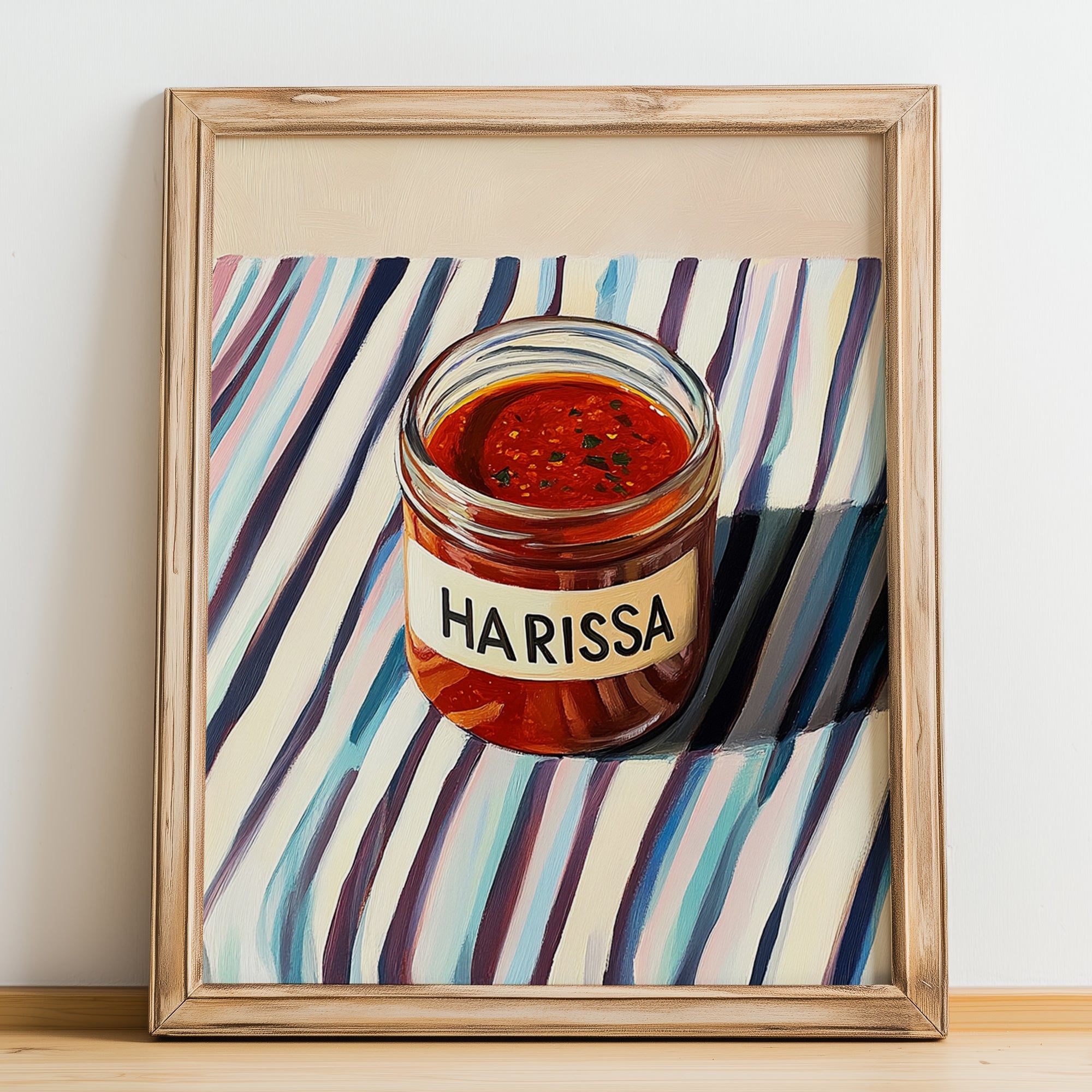 Harissa – on Striped Tablecloth, Pantry Wall Decor, no-text version framed in wood