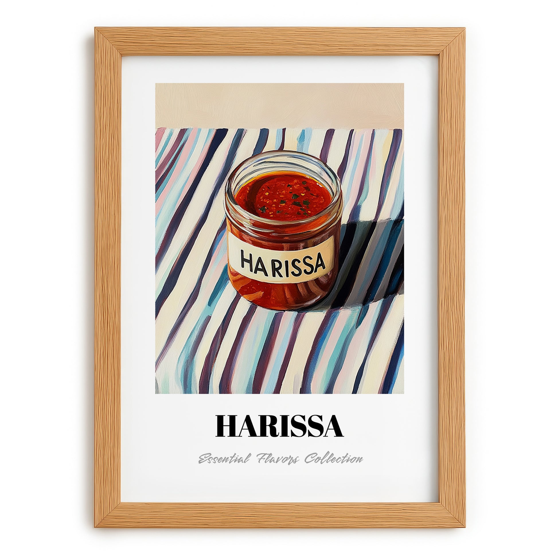 Harissa – on Striped Tablecloth, Pantry Wall Decor, set in oak frame