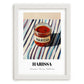 Harissa – on Striped Tablecloth, Pantry Wall Decor, placed in minimal white frame