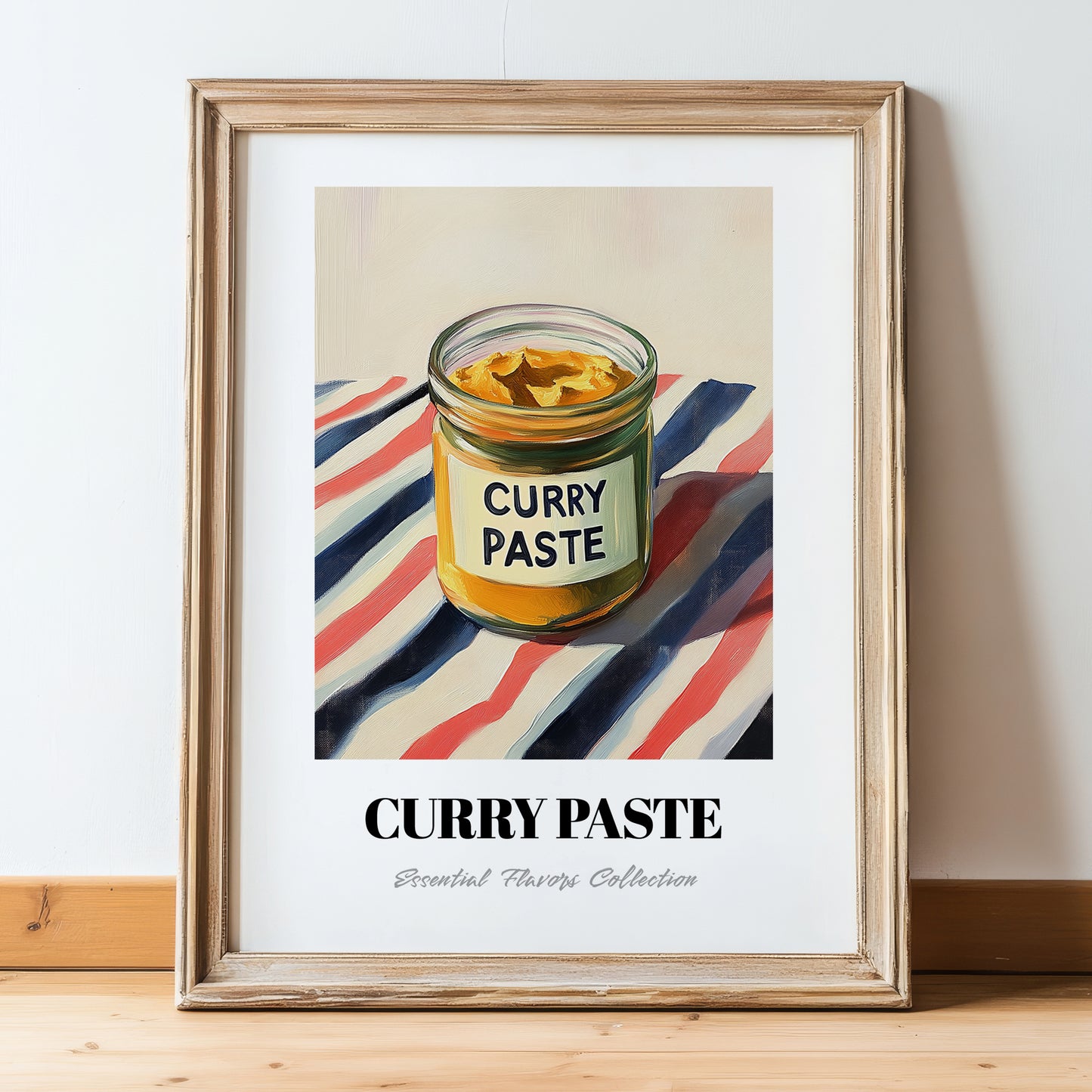 Curry Paste – on Striped Tablecloth, Pantry Illustration, in wooden frame leaning on the floor