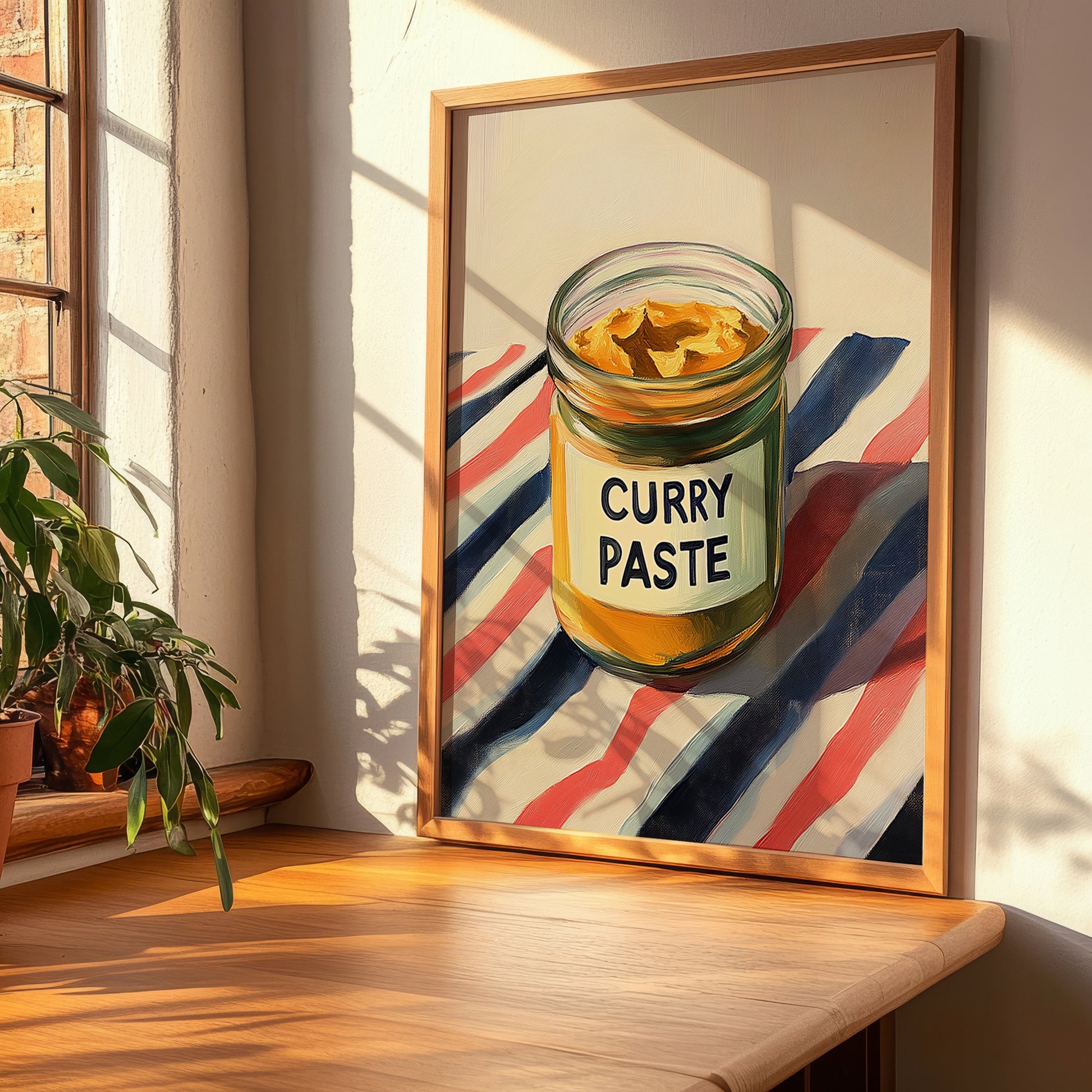 Curry Paste – on Striped Tablecloth, Pantry Illustration, clean layout with no caption