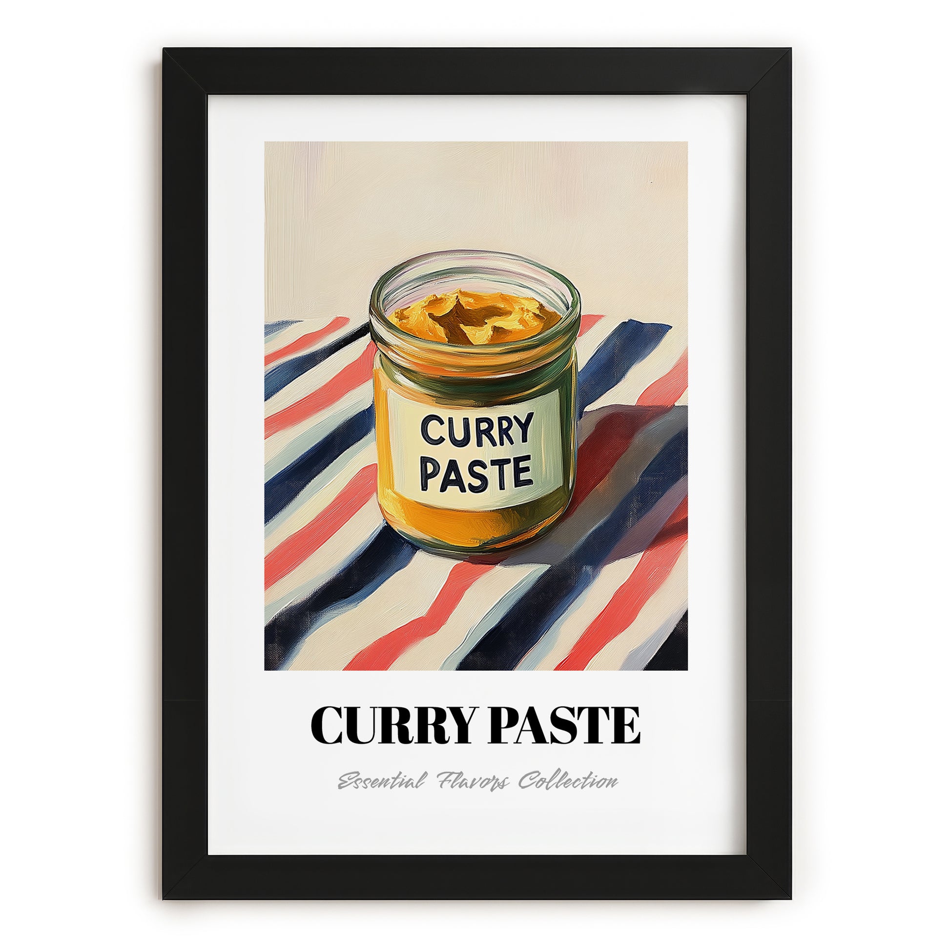 Curry Paste – on Striped Tablecloth, Pantry Illustration, in sleek black frame