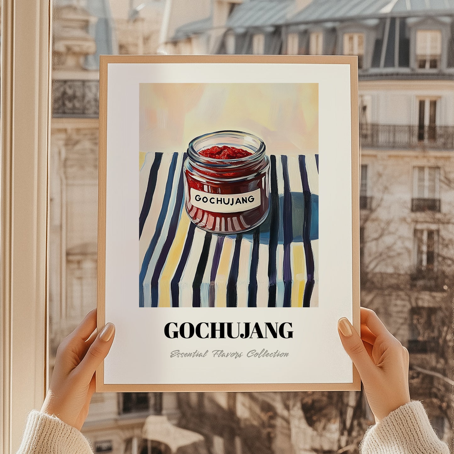 Gochujang – on Striped Tablecloth, Pantry Wall Art, styled in a charming Paris street view