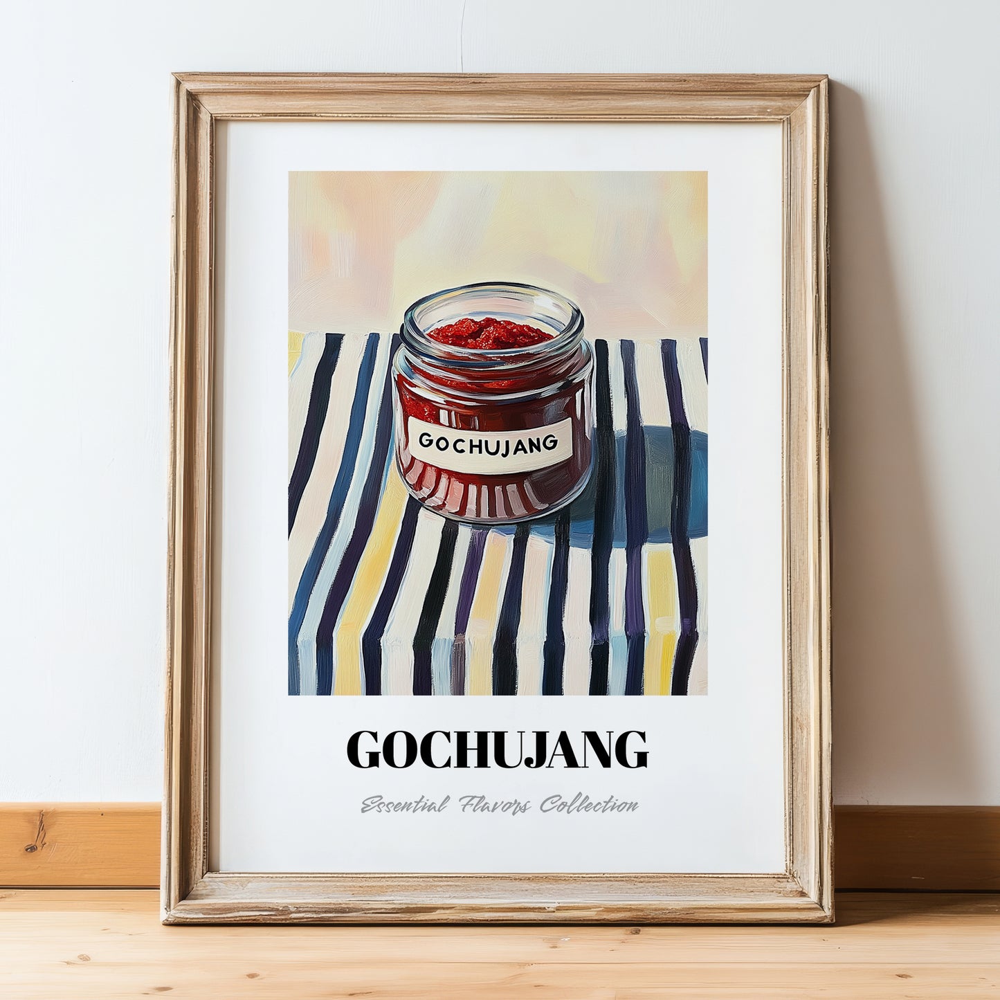 Gochujang – on Striped Tablecloth, Pantry Wall Art, in wooden frame leaning on the floor