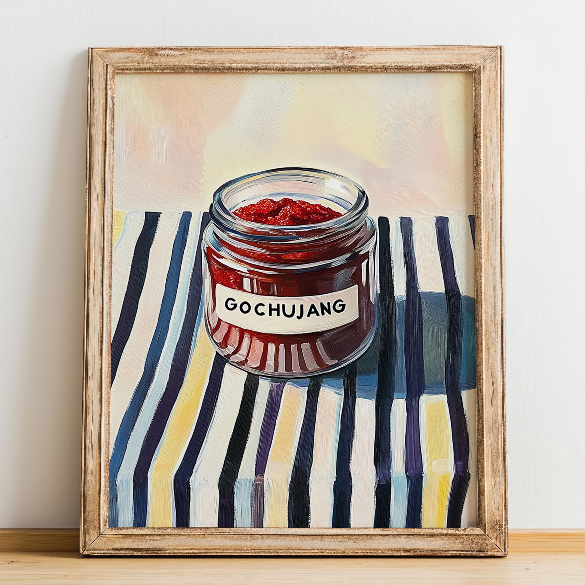 Gochujang – on Striped Tablecloth, Pantry Wall Art, no-text version framed in wood