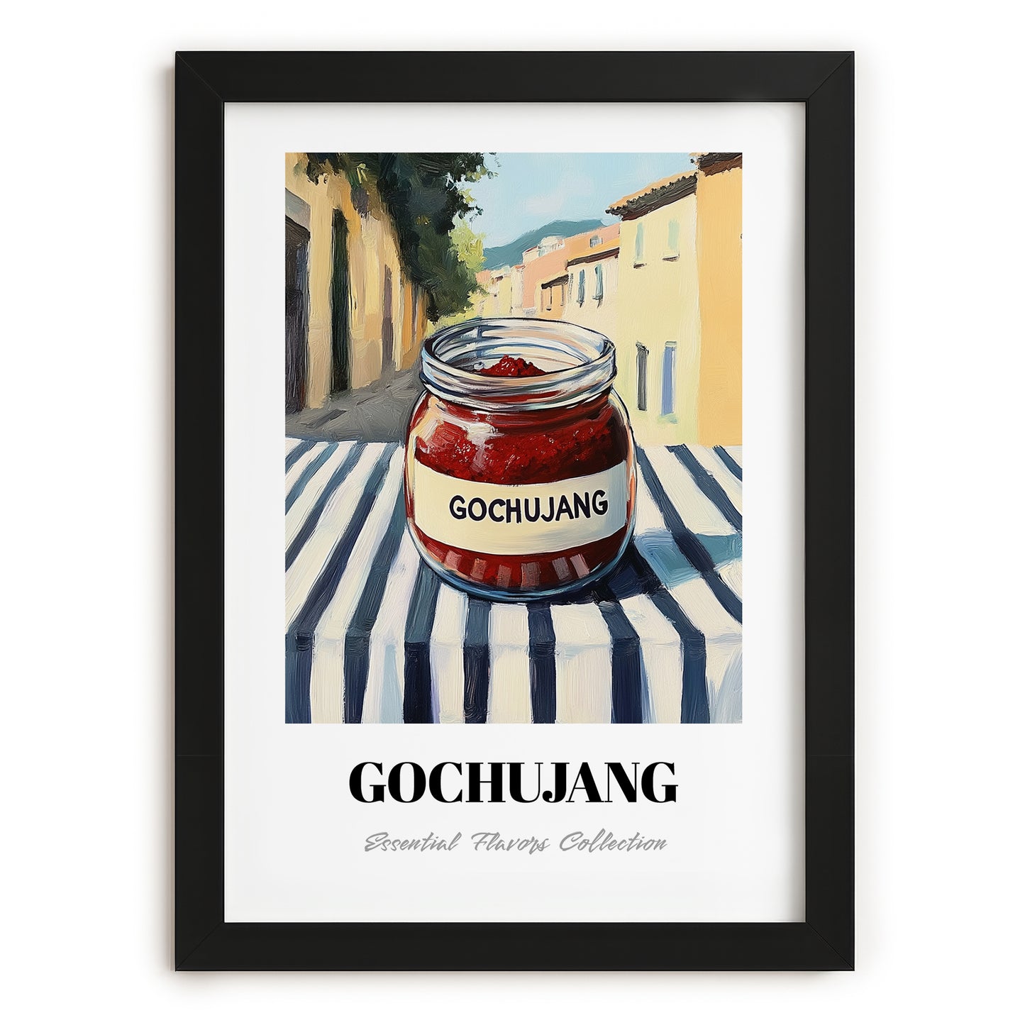 Gochujang – Italian Outdoor Café Scene, Dry Goods Wall Decor, in sleek black frame