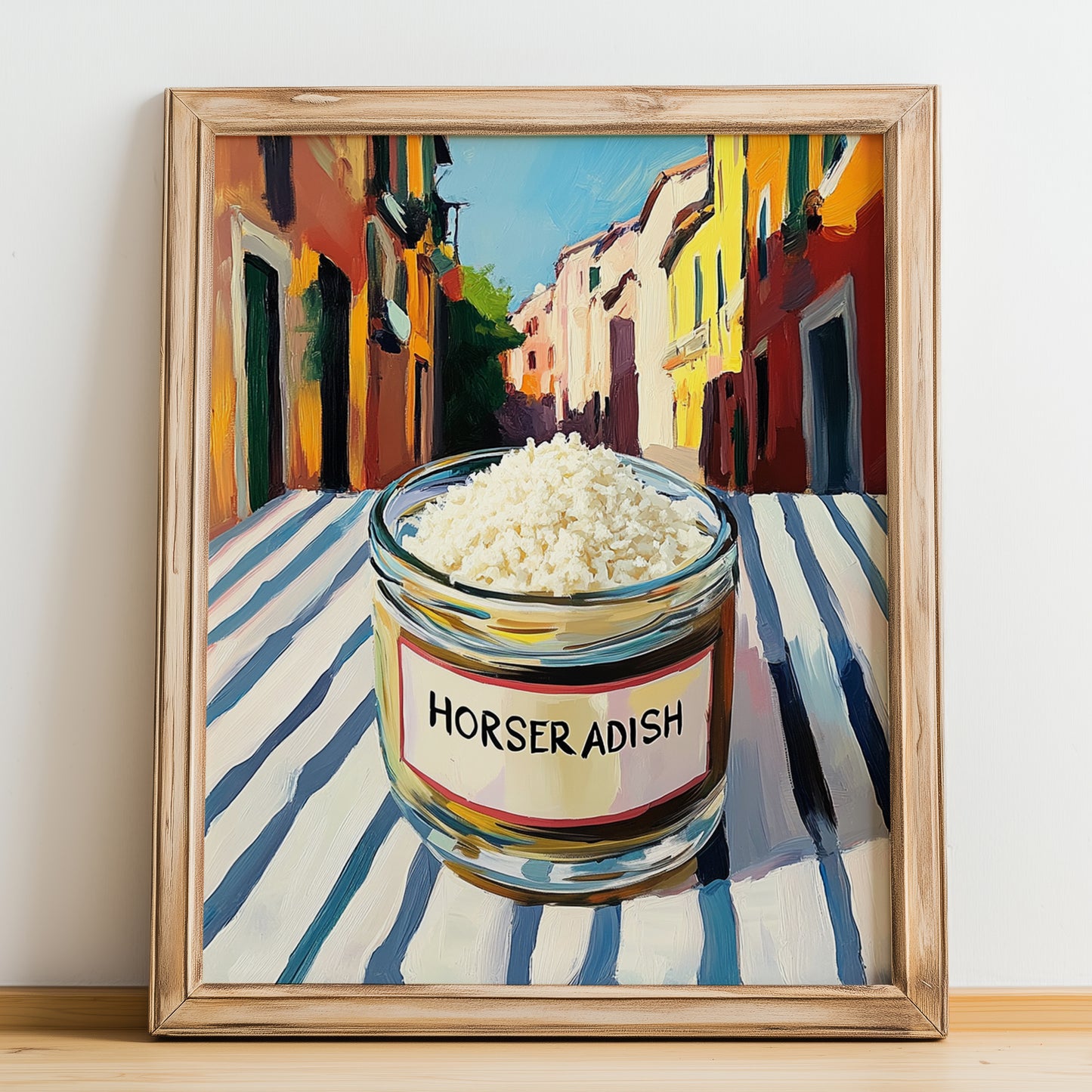 Horseradish – Italian Street Café Scene, Grocery Still Life, no-text version framed in wood