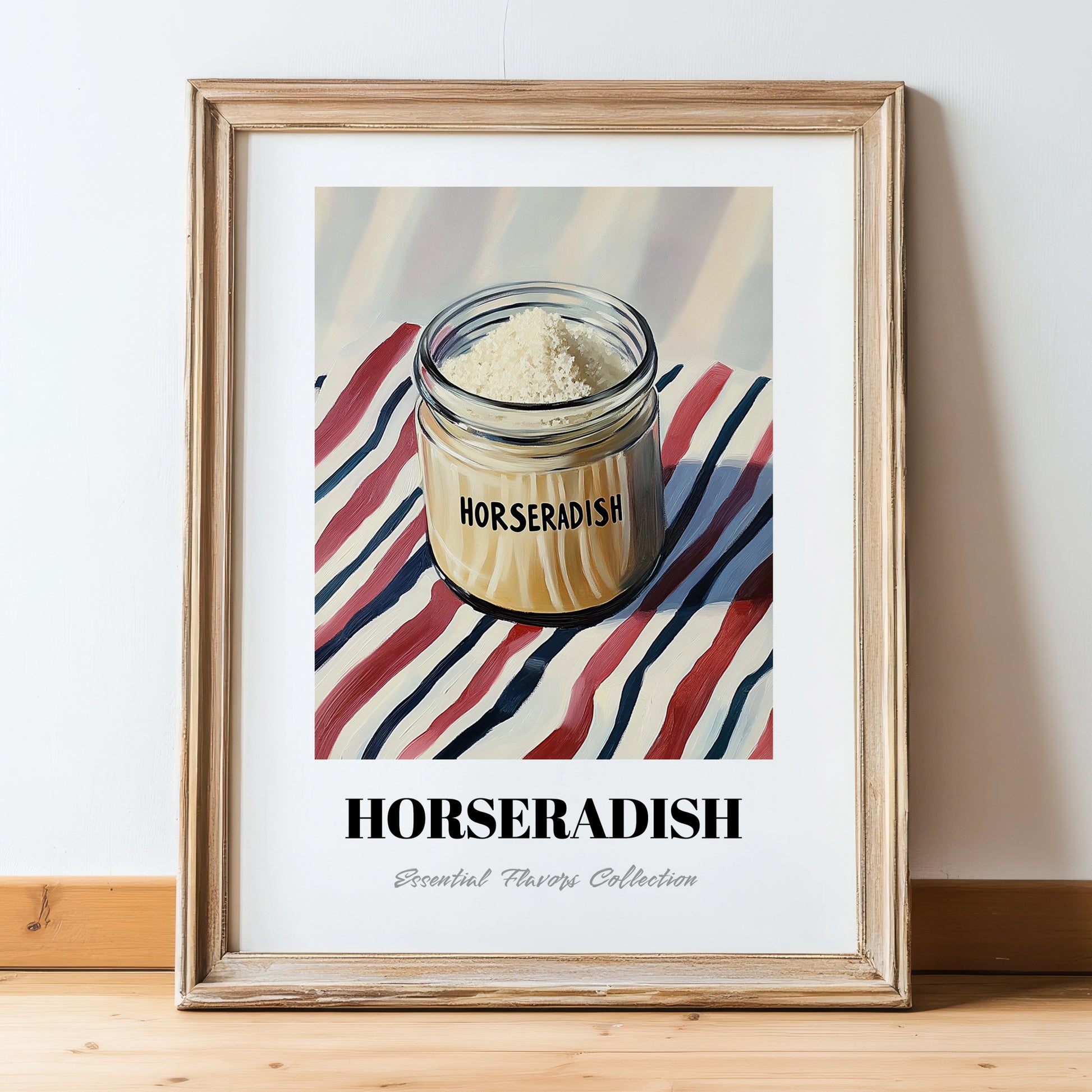 Horseradish – on Striped Tablecloth, Kitchen Storage Wall Decor, in wooden frame leaning on the floor
