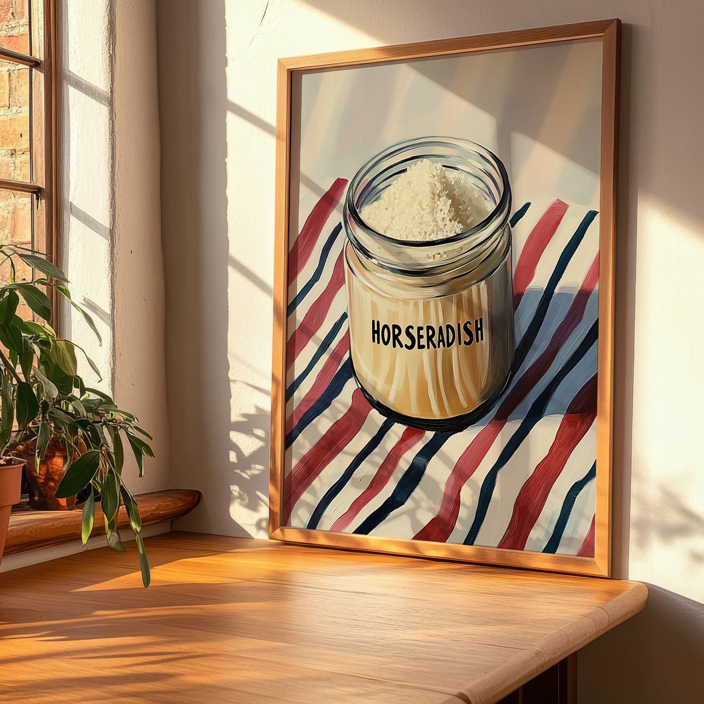 Horseradish – on Striped Tablecloth, Kitchen Storage Wall Decor, clean layout with no caption
