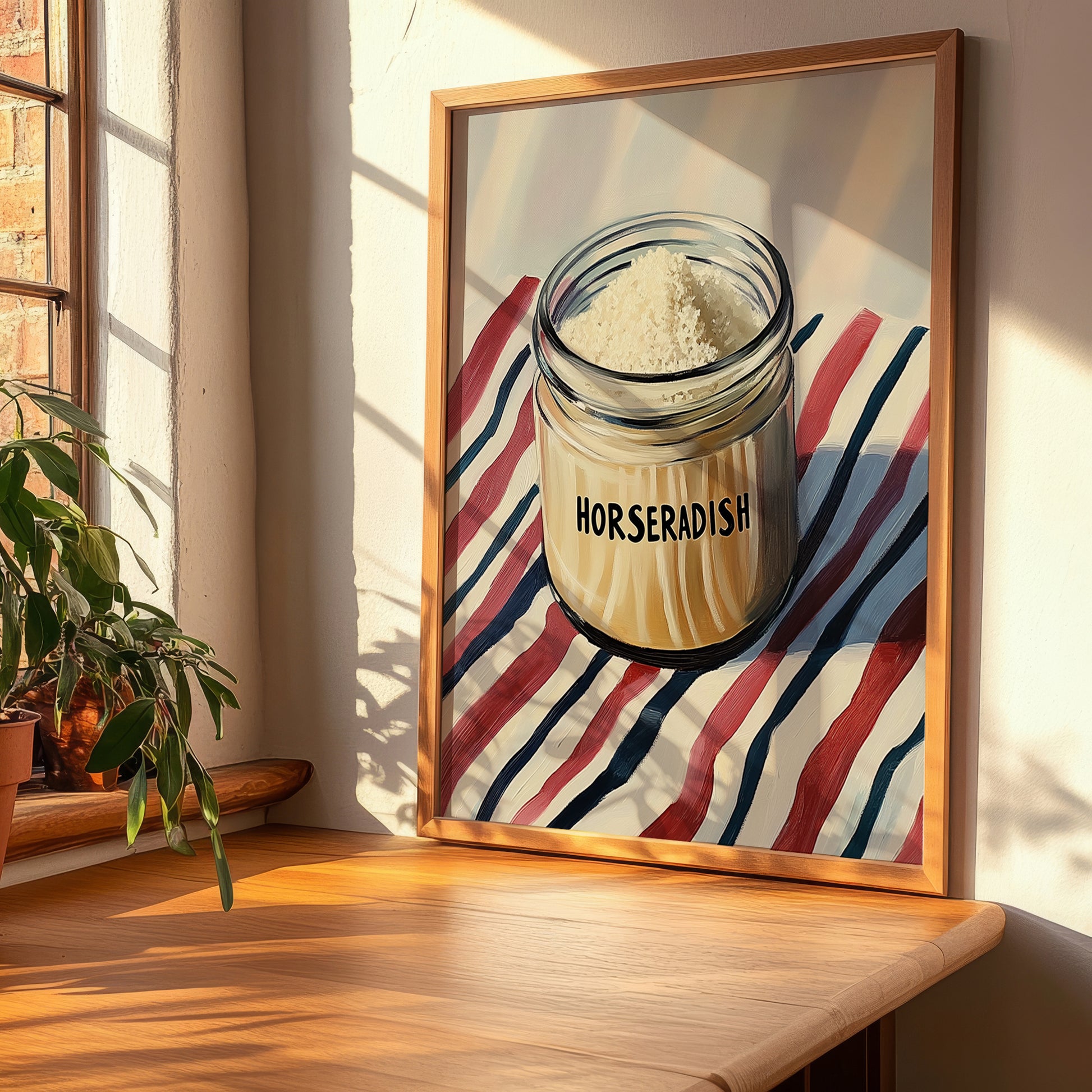 Horseradish – on Striped Tablecloth, Kitchen Storage Wall Decor, clean layout with no caption