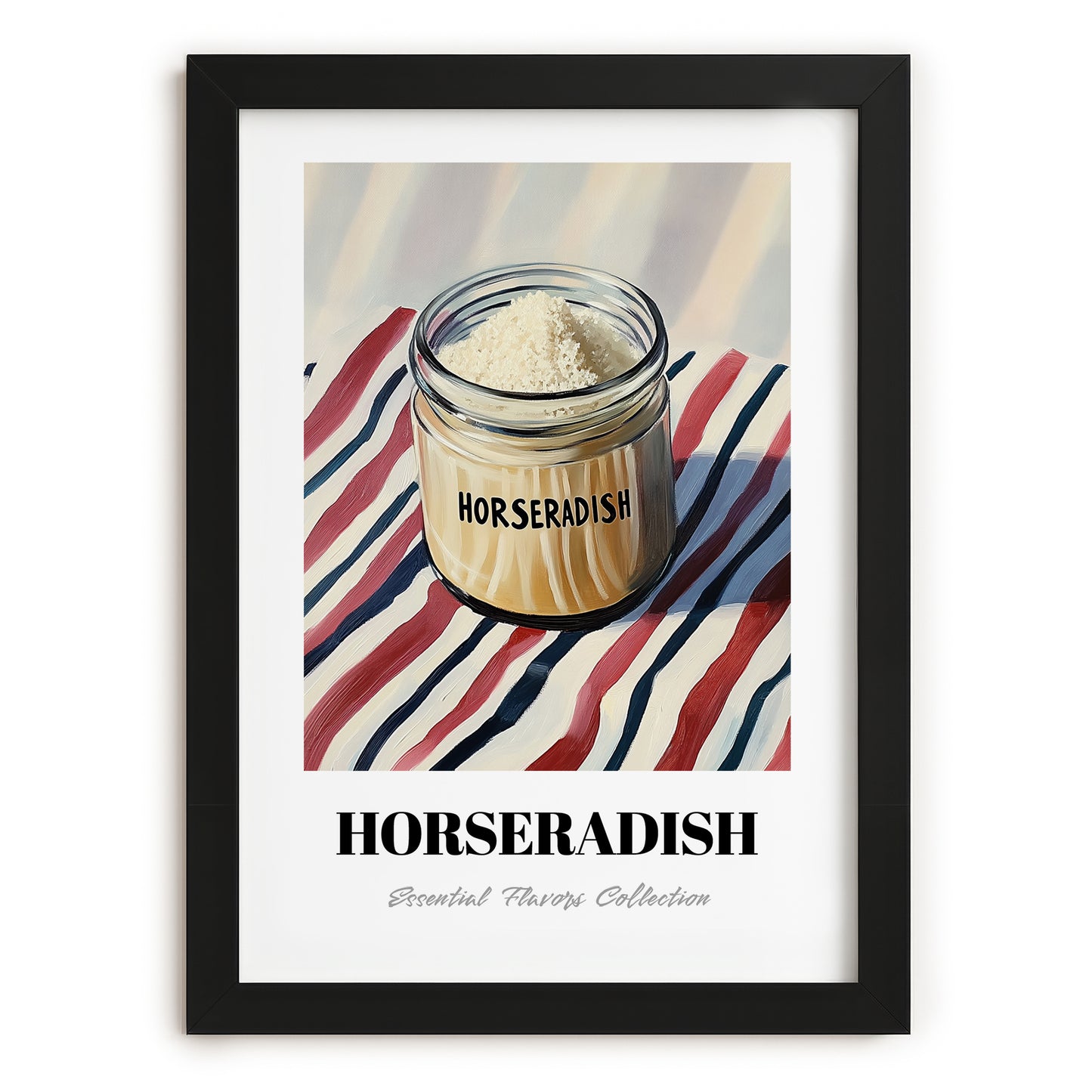 Horseradish – on Striped Tablecloth, Kitchen Storage Wall Decor, in sleek black frame