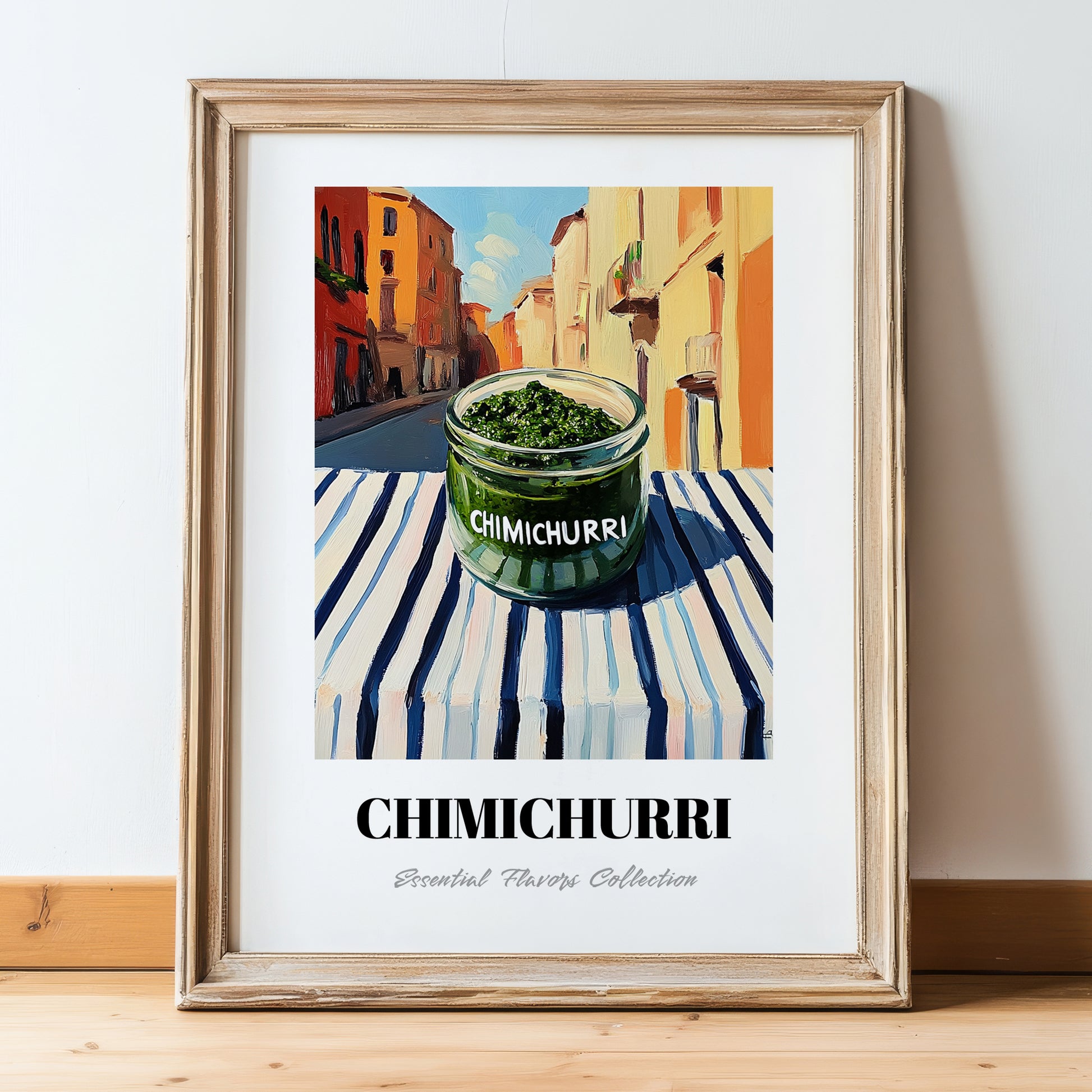 Chimichurri – Italian Street Café Scene, Bbq Wall Decor, in wooden frame leaning on the floor