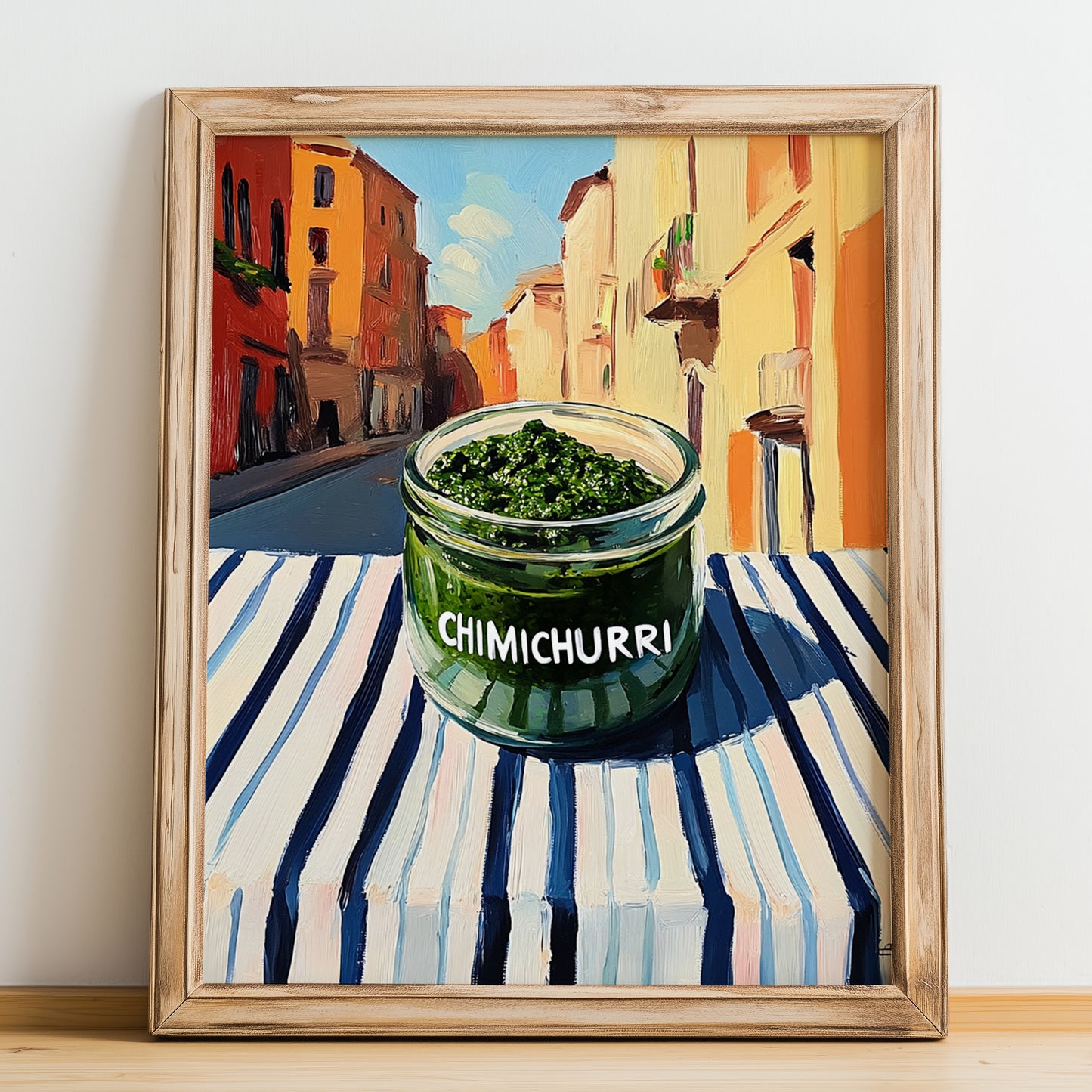 Chimichurri – Italian Street Café Scene, Bbq Wall Decor, no-text version framed in wood