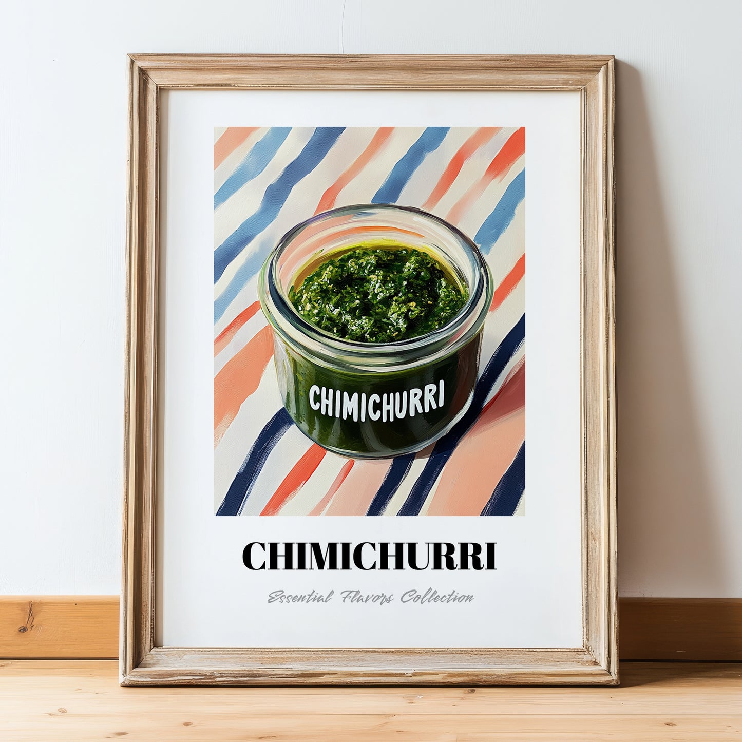Chimichurri – on Striped Tablecloth, Kitchen Storage Wall Poster, in wooden frame leaning on the floor