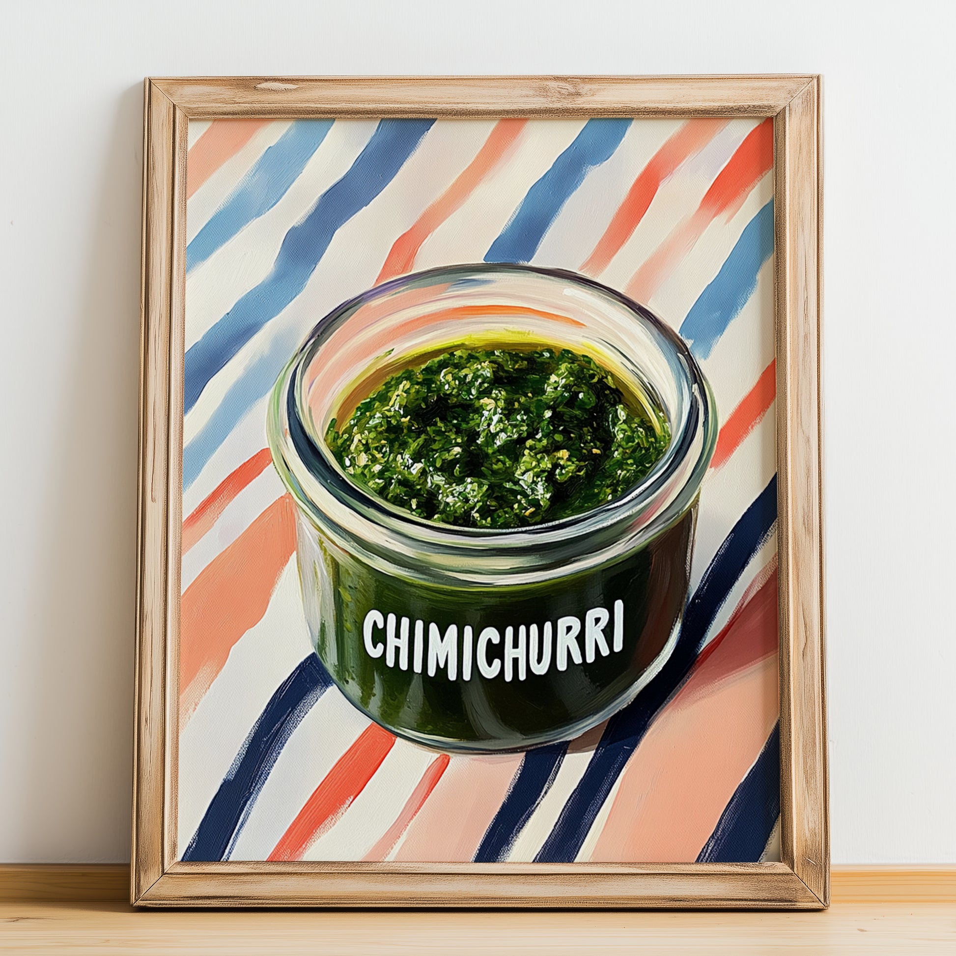 Chimichurri – on Striped Tablecloth, Kitchen Storage Wall Poster, no-text version framed in wood