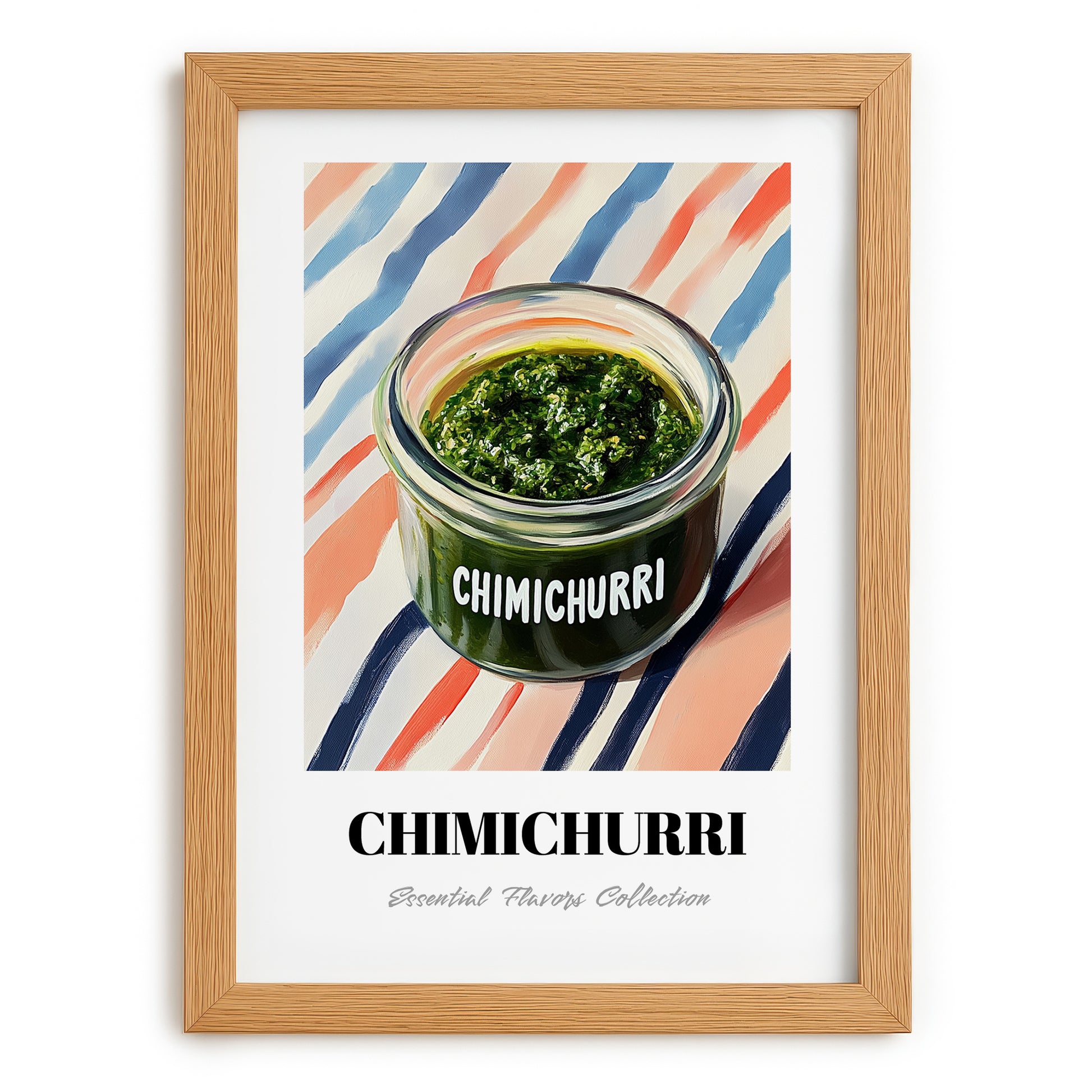 Chimichurri – on Striped Tablecloth, Kitchen Storage Wall Poster, set in oak frame