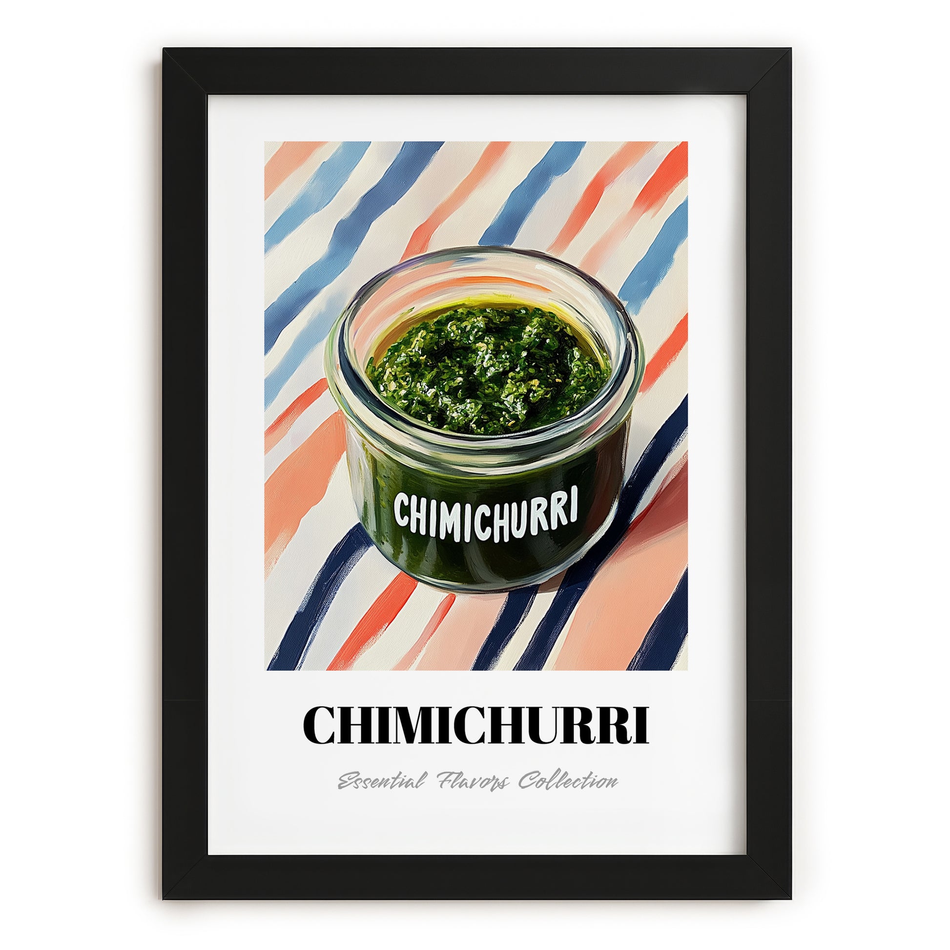 Chimichurri – on Striped Tablecloth, Kitchen Storage Wall Poster, in sleek black frame