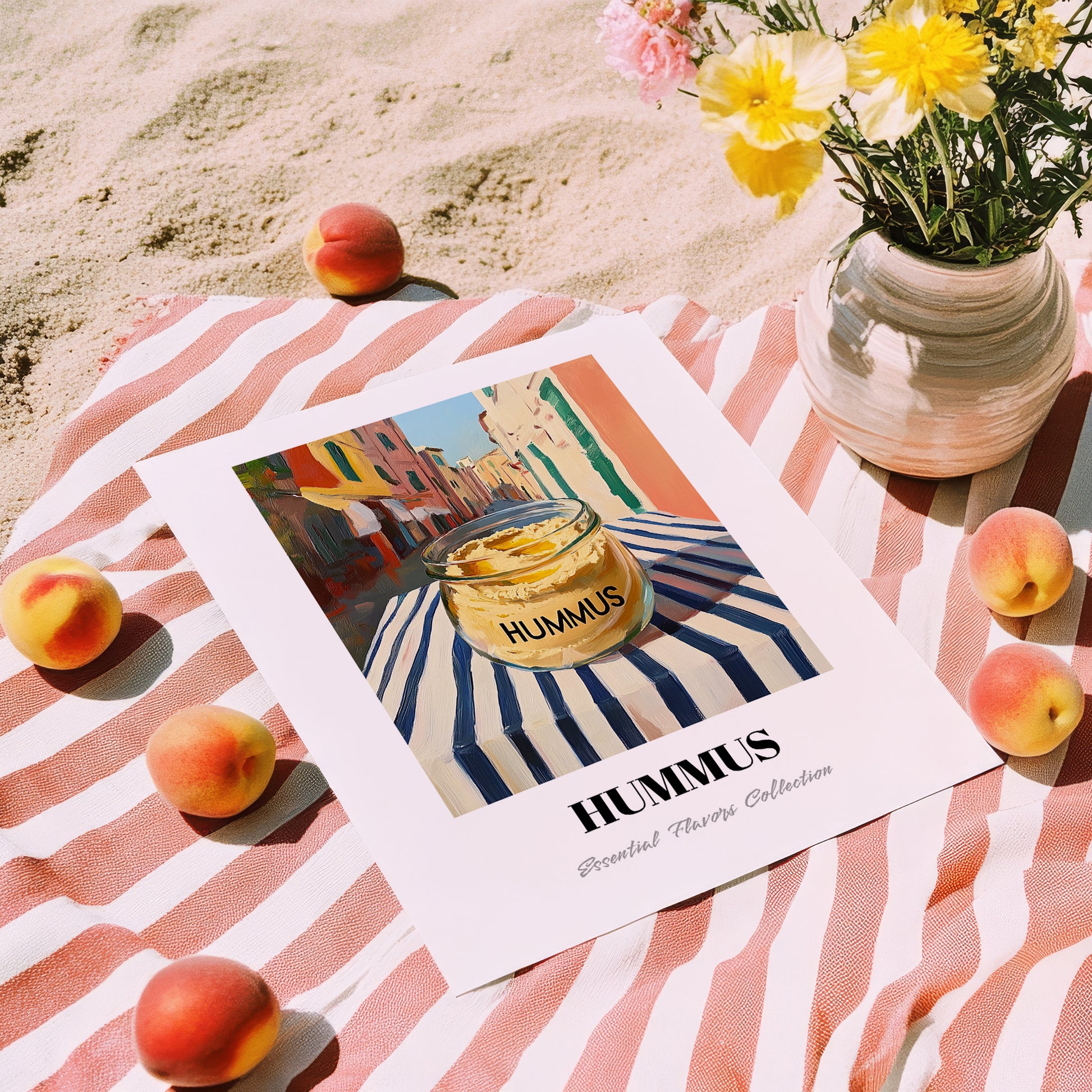 Hummus – Italian Street Café Scene, Pantry Poster, unframed on coastal sand