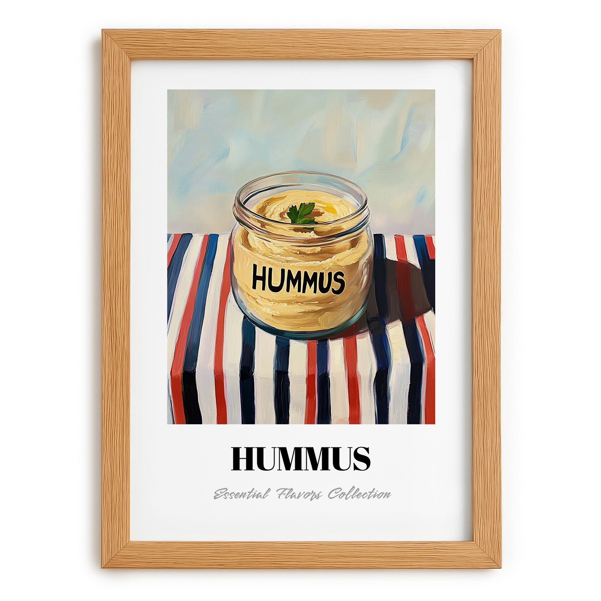 Hummus – on Striped Tablecloth, Pantry Painting, set in oak frame