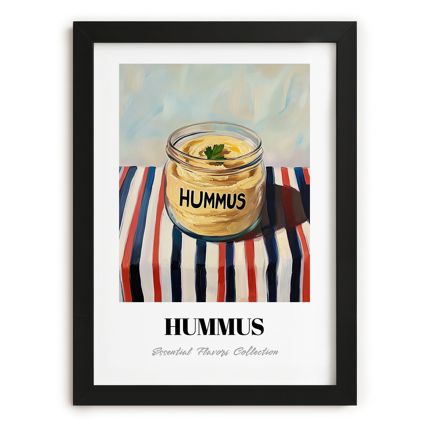 Hummus – on Striped Tablecloth, Pantry Painting, in sleek black frame
