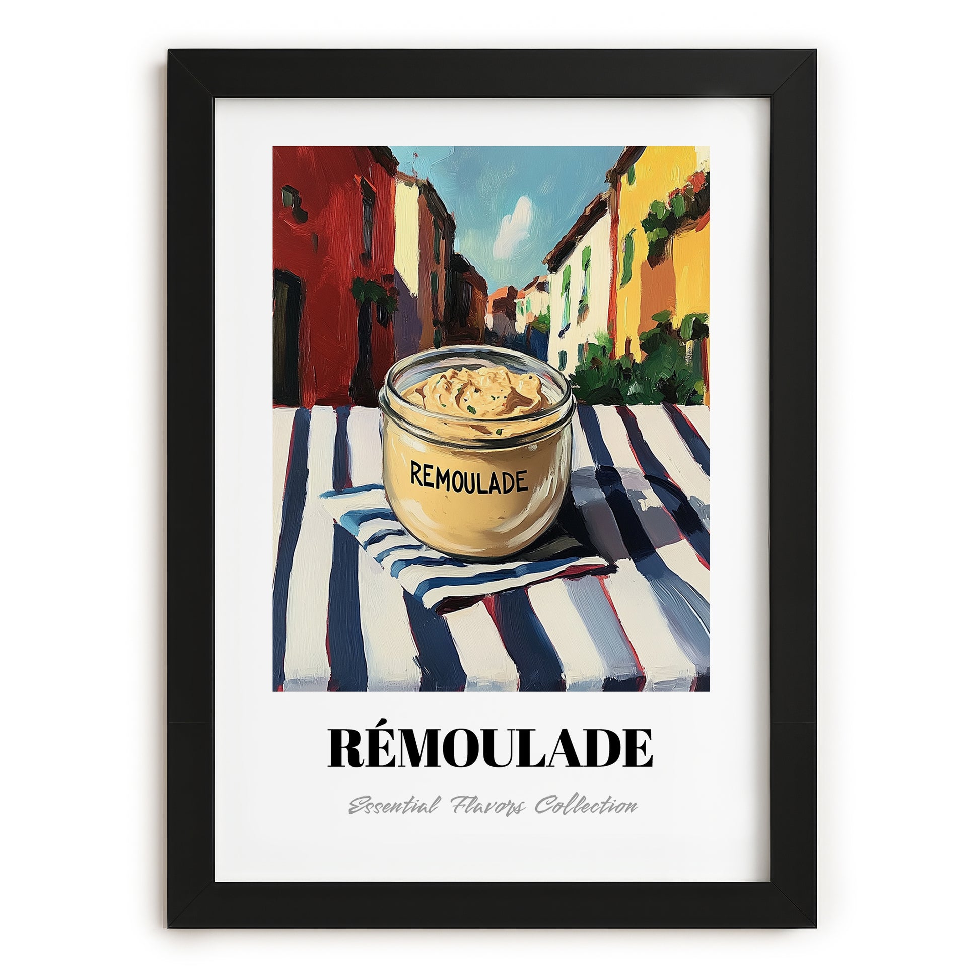 Remoulade – Italian Street Café Scene, Dry Goods Wall Decor, in sleek black frame