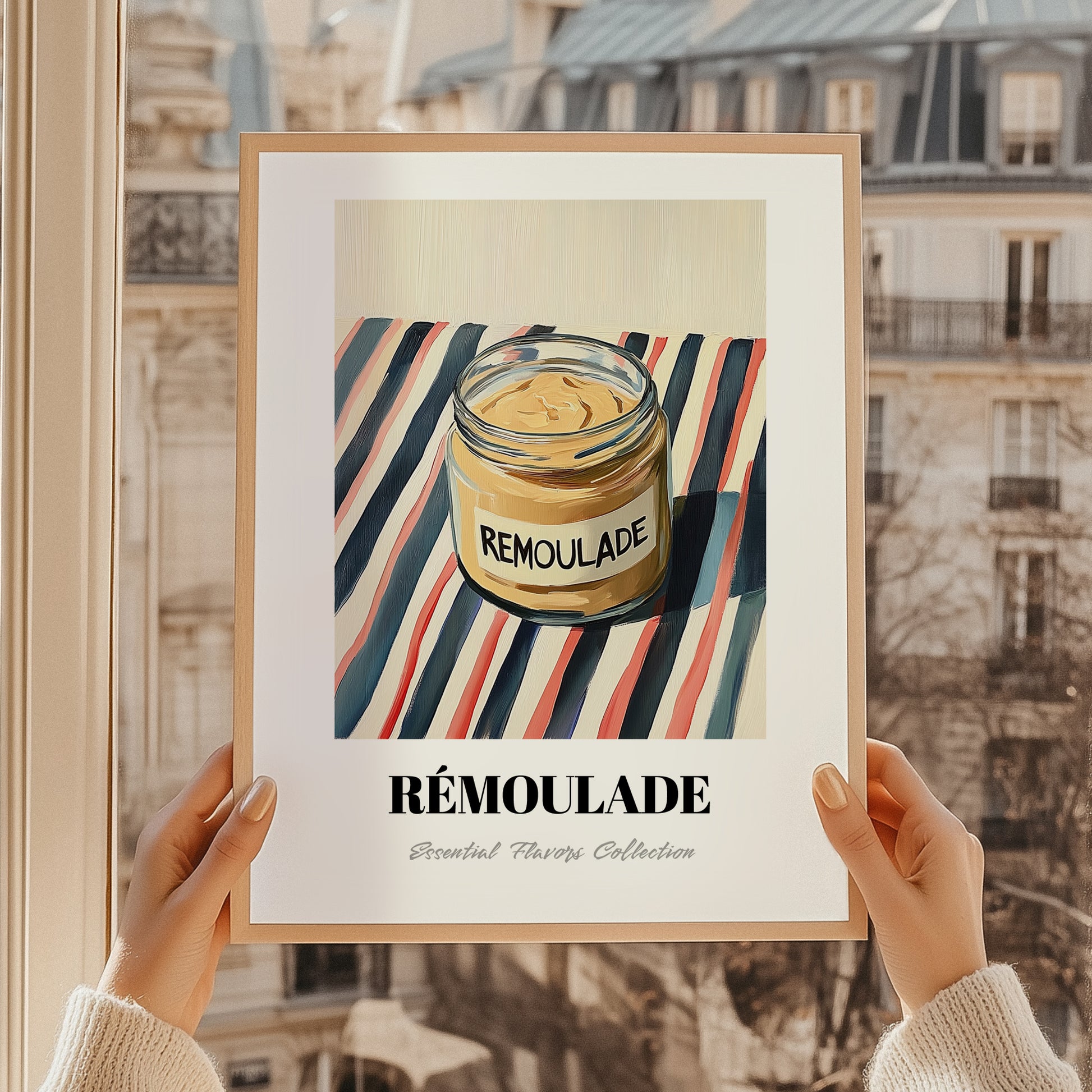 Remoulade – on Striped Tablecloth, Shelf Stock Painting, styled in a charming Paris street view