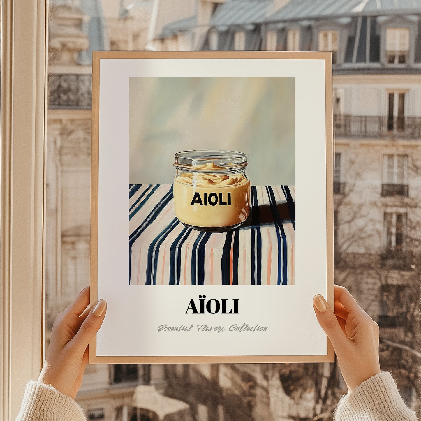 Aioli – on Striped Tablecloth, Kitchen Storage Painting, styled in a charming Paris street view