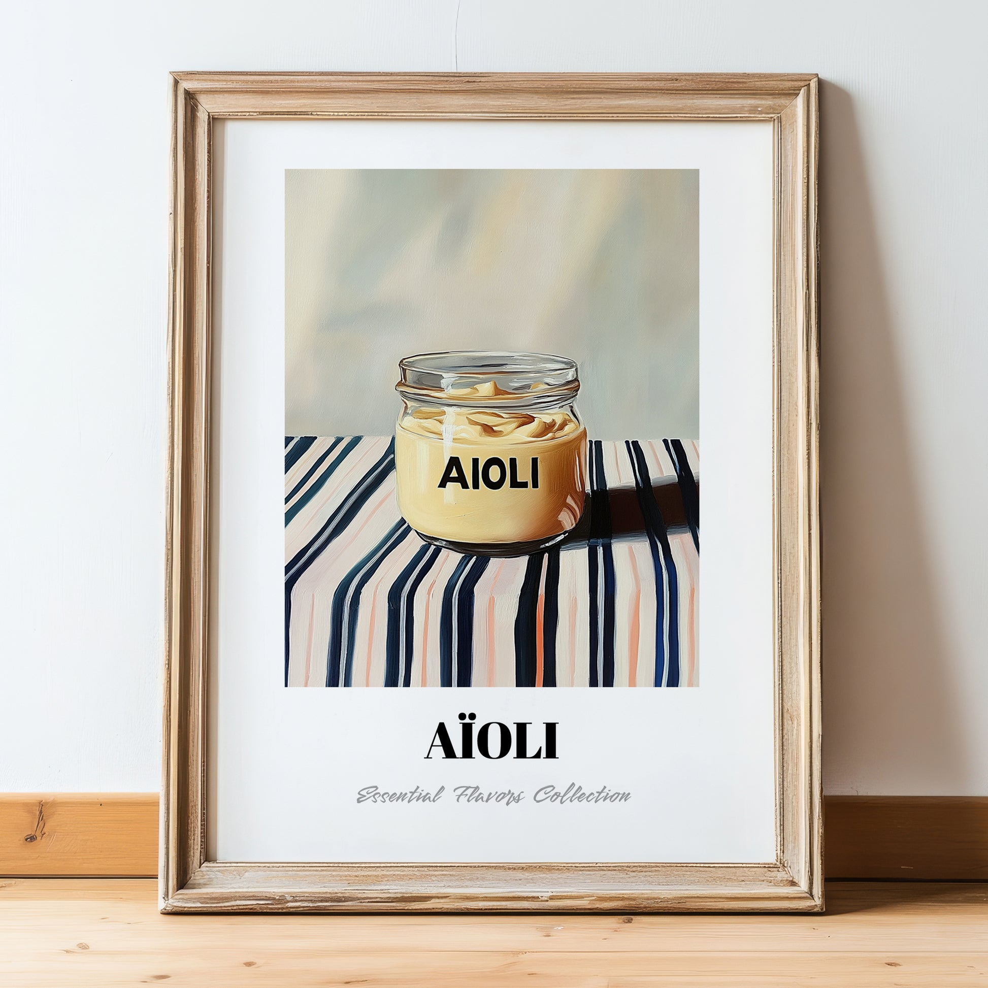 Aioli – on Striped Tablecloth, Kitchen Storage Painting, in wooden frame leaning on the floor