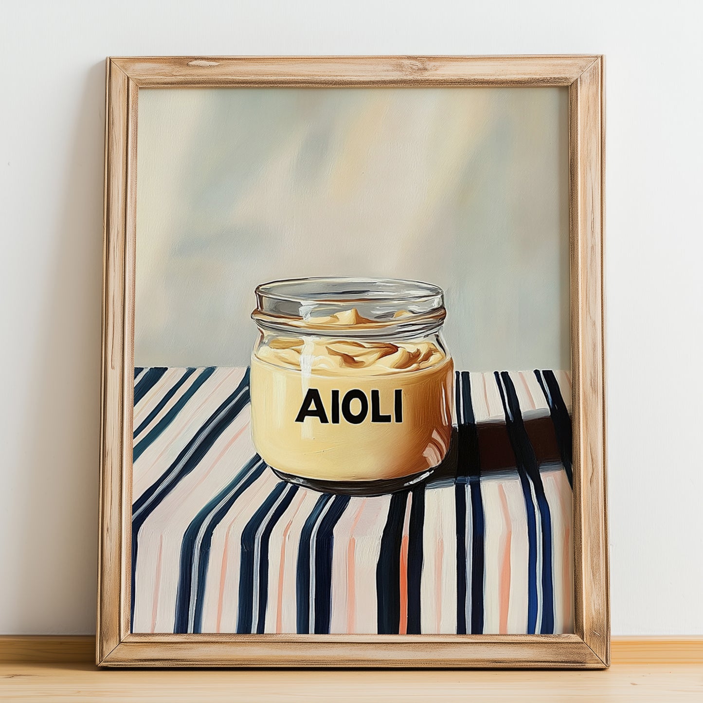 Aioli – on Striped Tablecloth, Kitchen Storage Painting, no-text version framed in wood