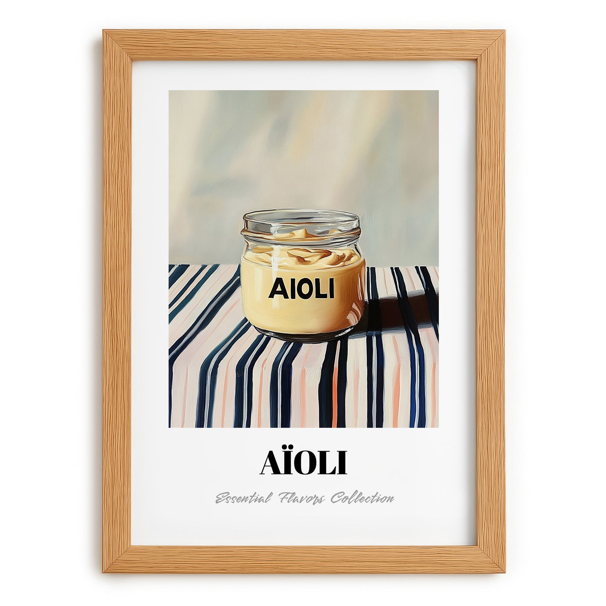 Aioli – on Striped Tablecloth, Kitchen Storage Painting, set in oak frame