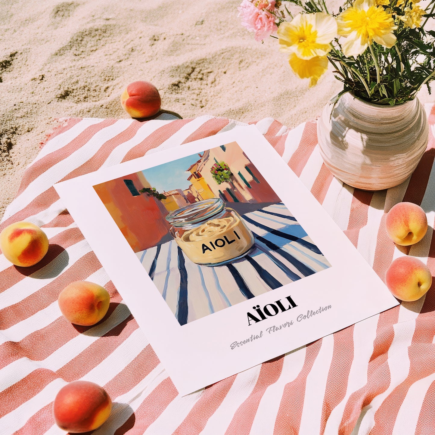 Aioli – Italian Outdoor Café Scene, Grocery Wall Decor, unframed on coastal sand