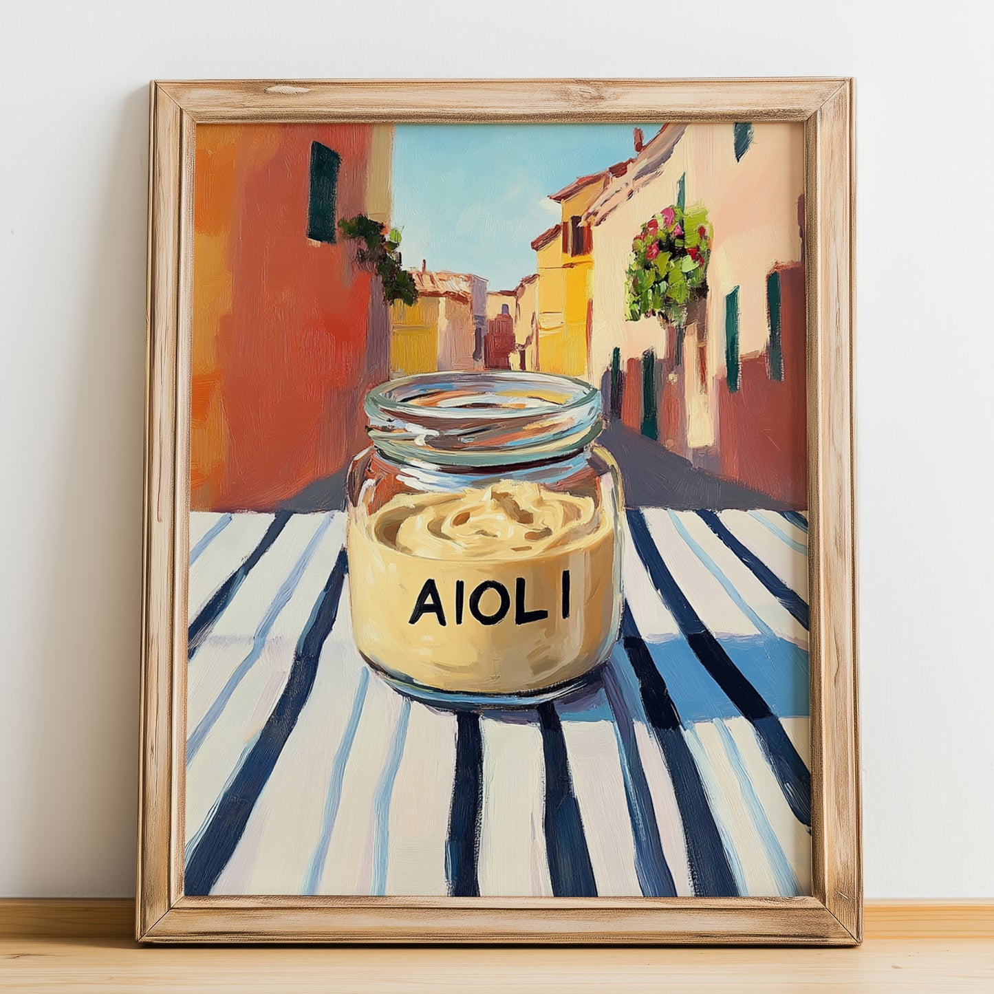 Aioli – Italian Outdoor Café Scene, Grocery Wall Decor, no-text version framed in wood