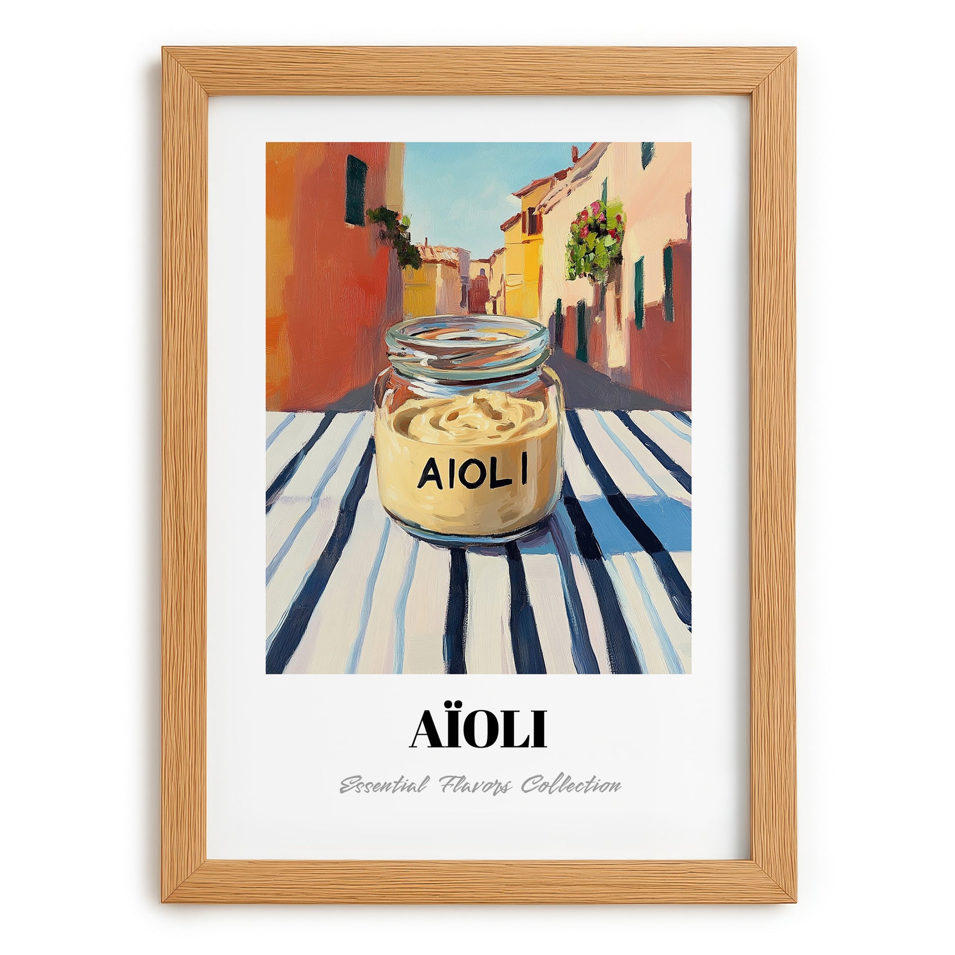 Aioli – Italian Outdoor Café Scene, Grocery Wall Decor, set in oak frame